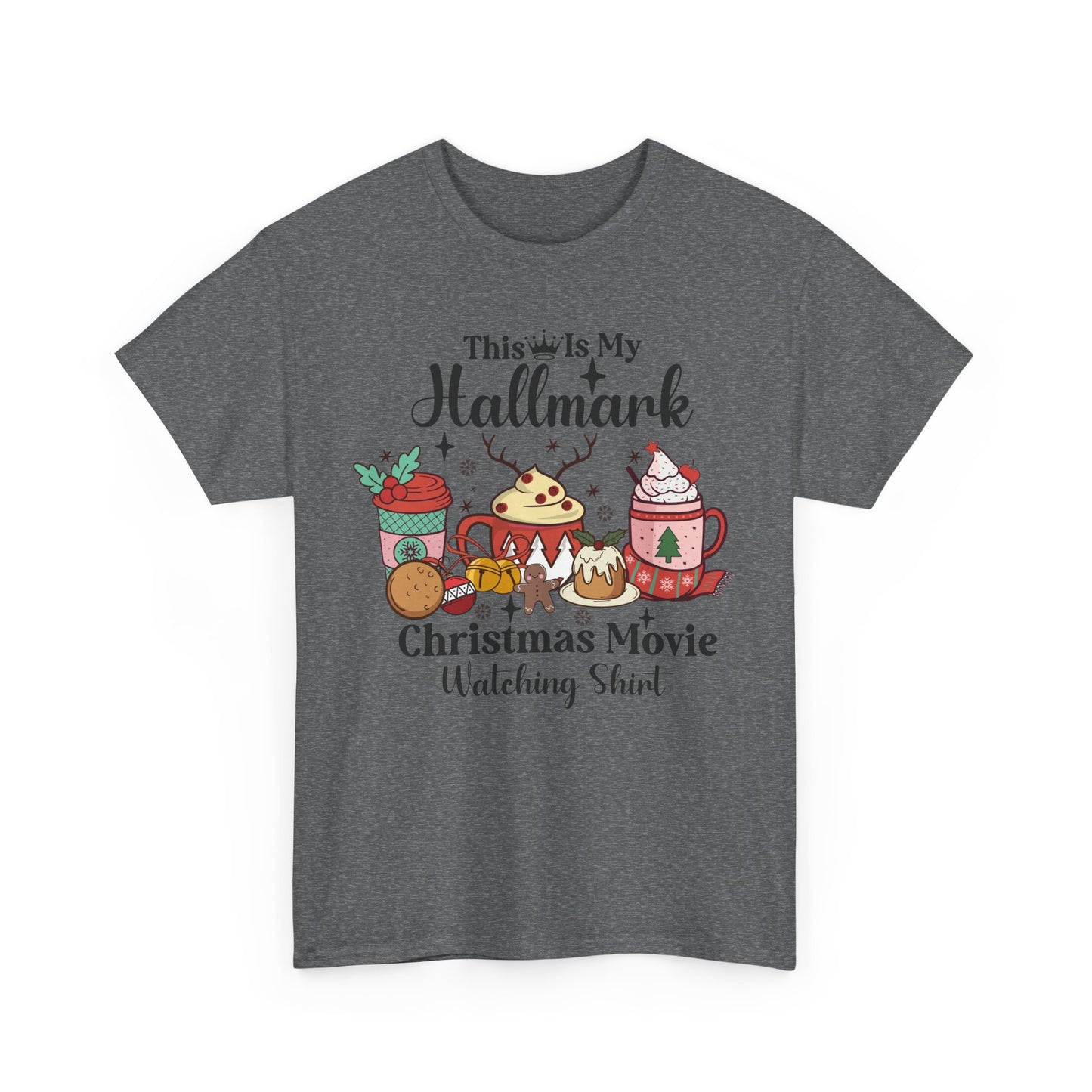 Festive Christmas movie watching shirt featuring cozy mugs and treats, perfect for holiday celebrations.