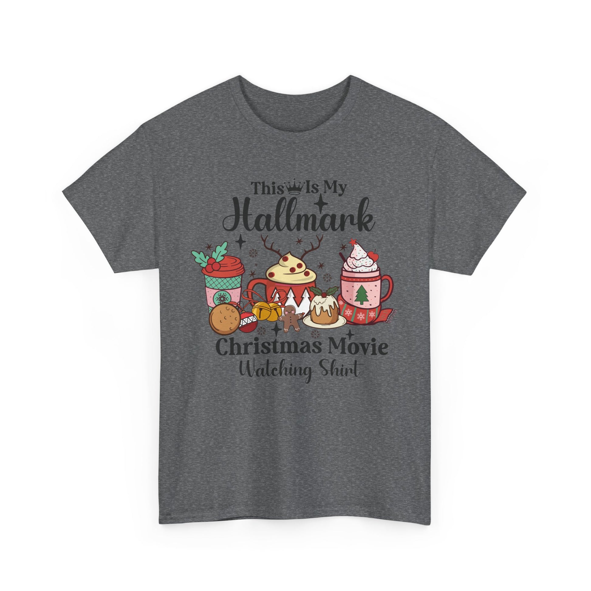 Festive Christmas movie watching shirt featuring cozy mugs and treats, perfect for holiday celebrations.