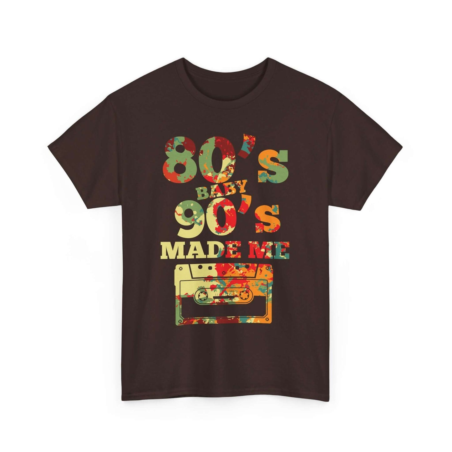 Retro Graphic Tee with '80's Baby 90's Made Me' text and cassette tape image on dark shirt showcasing 80s and 90s nostalgia