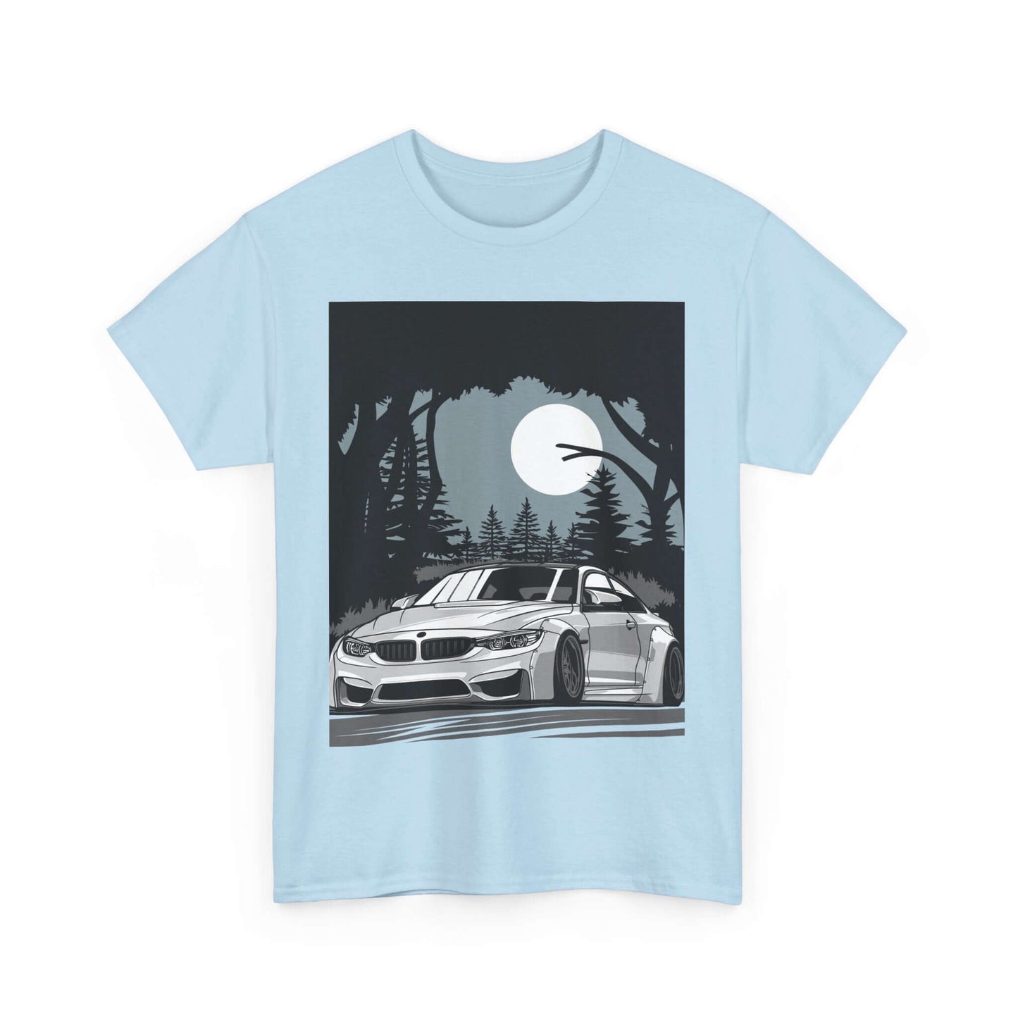 Forest Drive Tee featuring a car under a full moon, perfect for nighttime adventures and nature lovers.