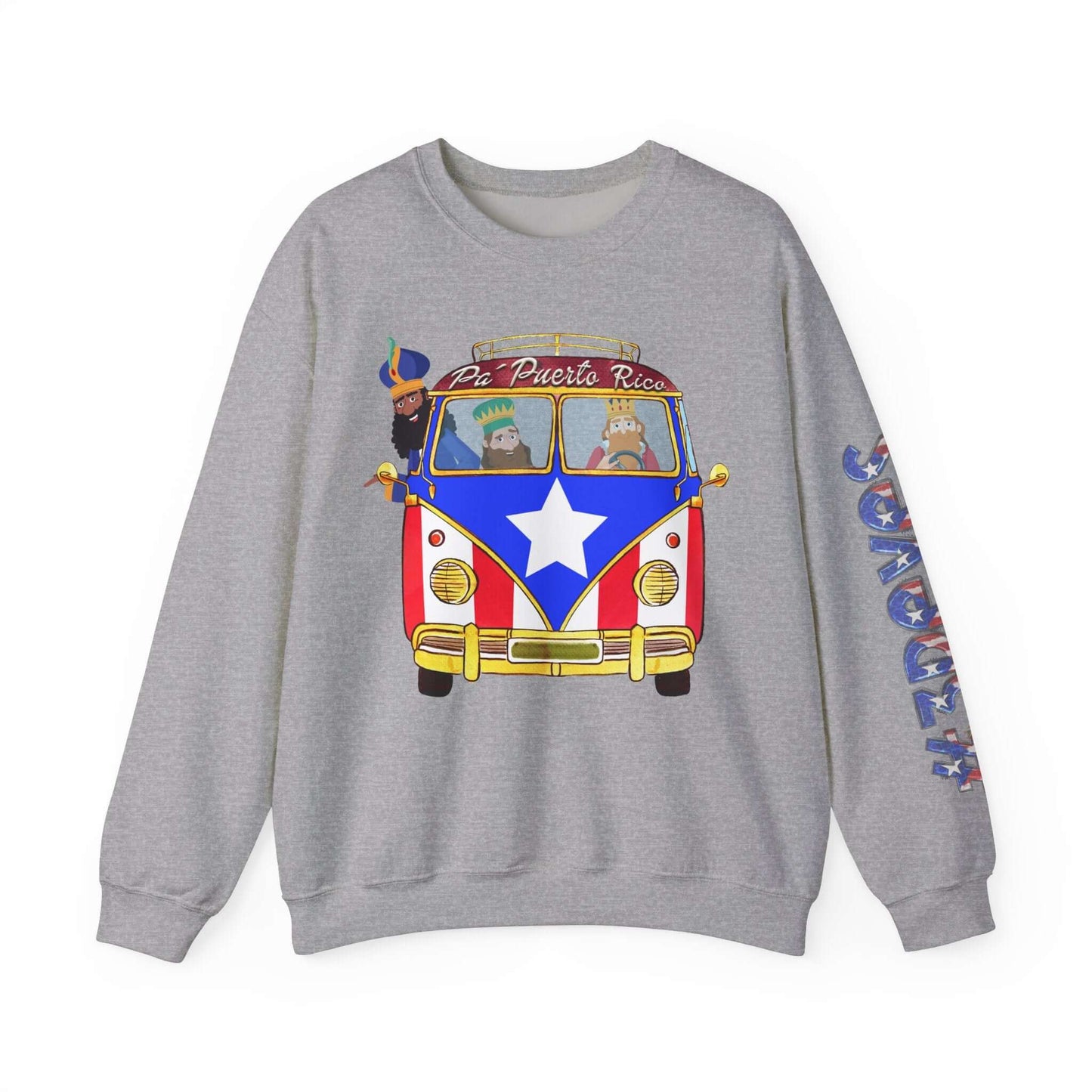 Christmas sweater with Three Kings in VW bus, Puerto Rico flag, festive print on left sleeve, "Pa Puerto Rico" text on front.