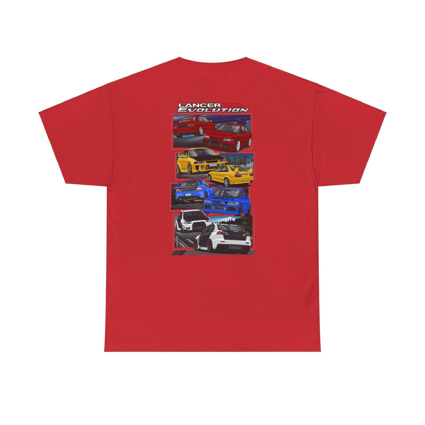 JDM-Inspired Evolution Car Tee, Red Yellow Blue White Enthusiast Shirt