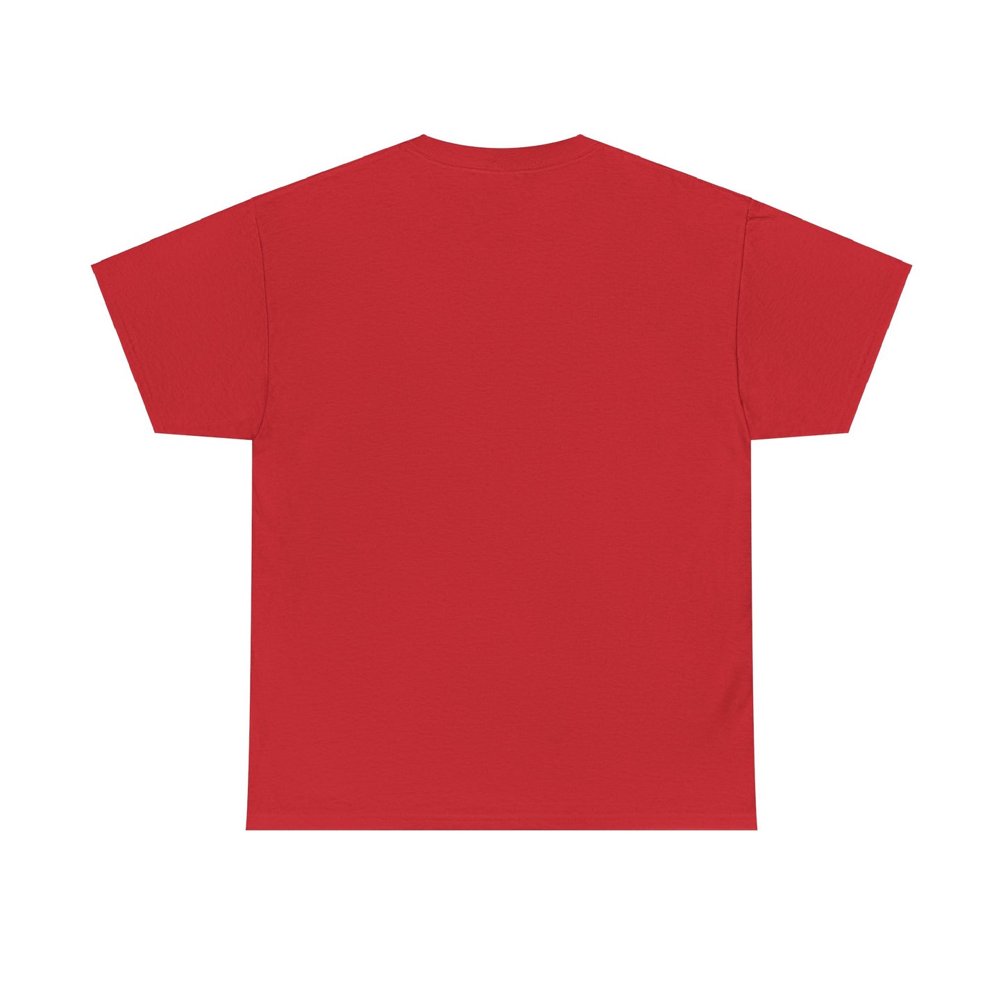 Back view of a vibrant red unisex heavy t-shirt, perfect for holiday celebrations and festive occasions.