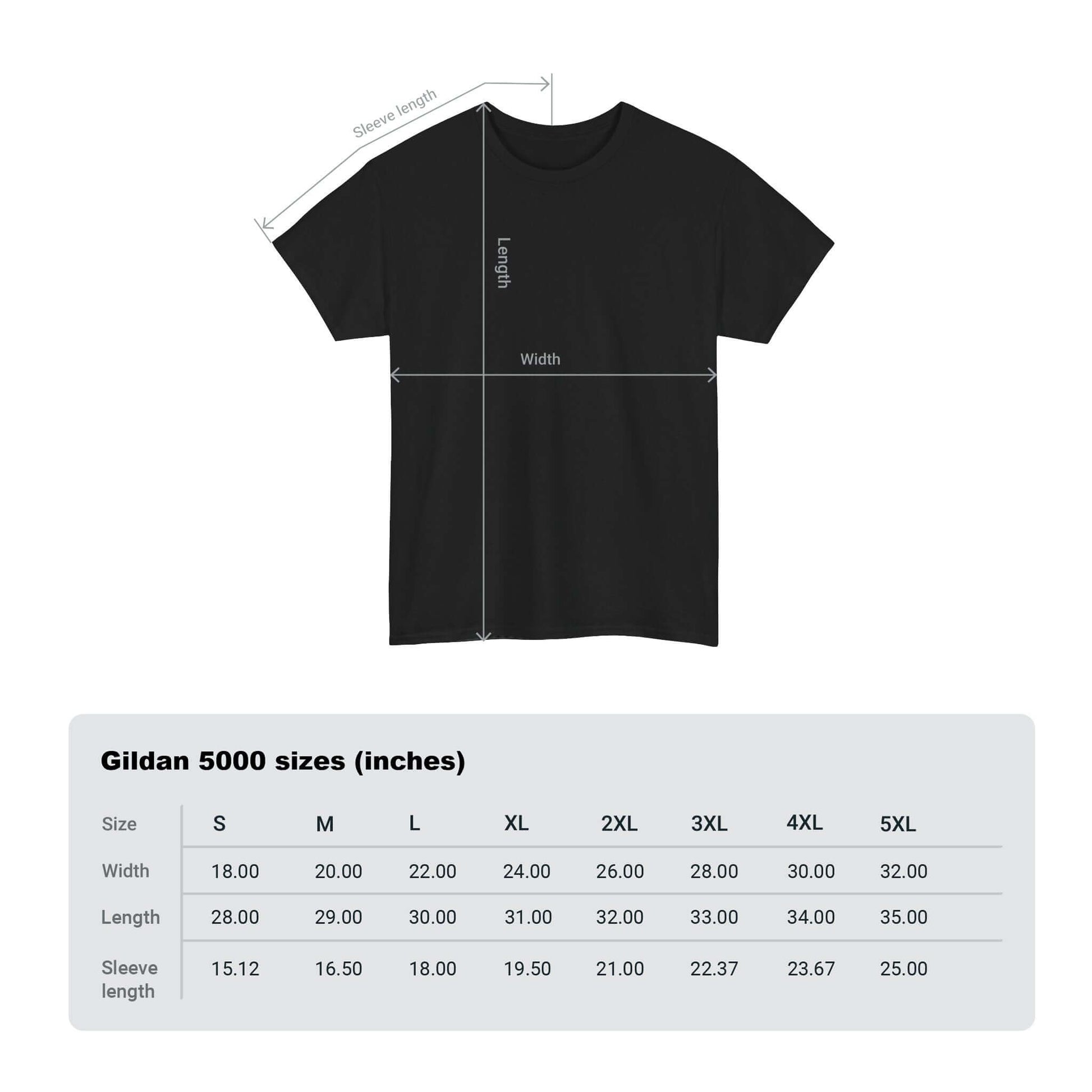 Size chart for Gildan 5000 unisex heavy cotton tee with width, length, and sleeve measurements in inches, sizes S to 5XL.