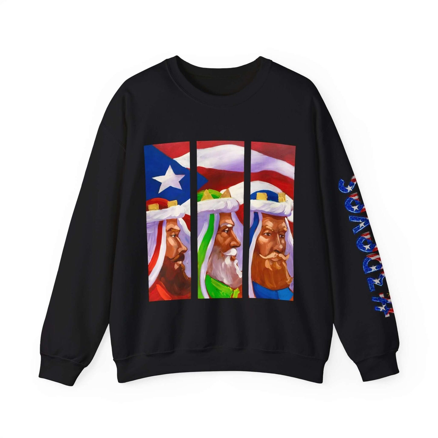 Festive black sweater with Three Kings design, Puerto Rican flag, and starry sky accents on sleeves.