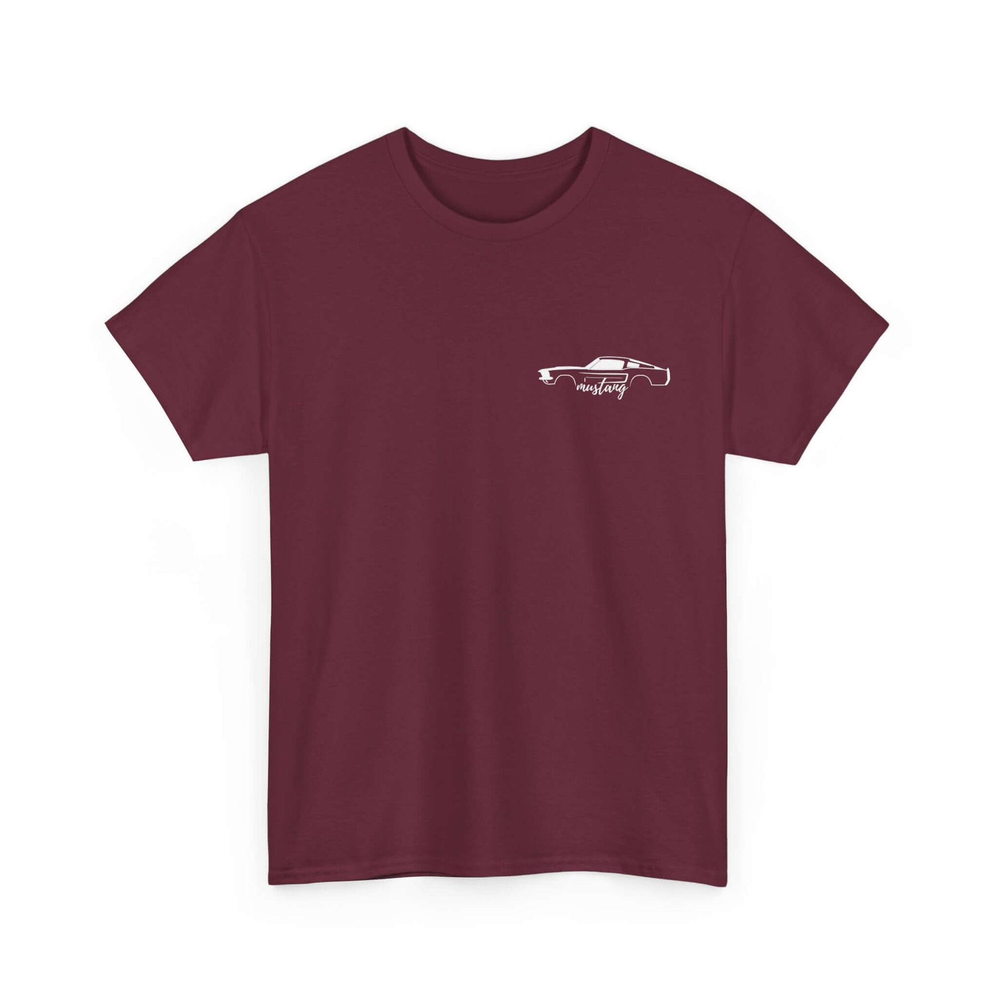 Maroon Ford Mustang Evolution Tee with 1967 front upper chest print, displaying iconic car design and year-by-year specs for enthusiasts.