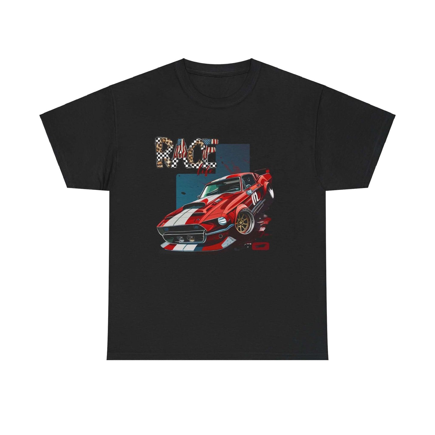 Racing Life Muscle Car T-Shirt with iconic Mustang, racing stripes, and patriotic RACE life emblem on black tee