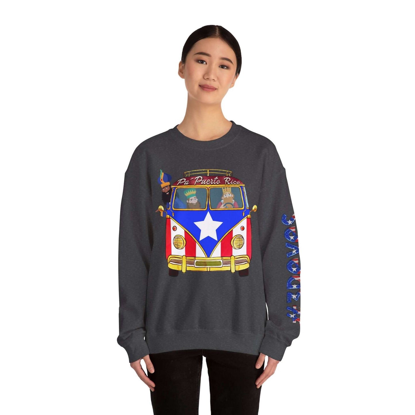 Black Christmas sweater with VW bus and Puerto Rico flag design on front, festive print on left sleeve, modeled by woman.