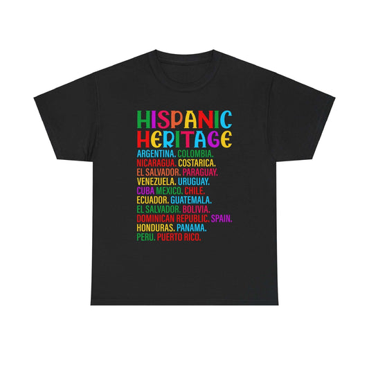 Black tee featuring vibrant text celebrating Hispanic Heritage with country names listed in colorful letters.