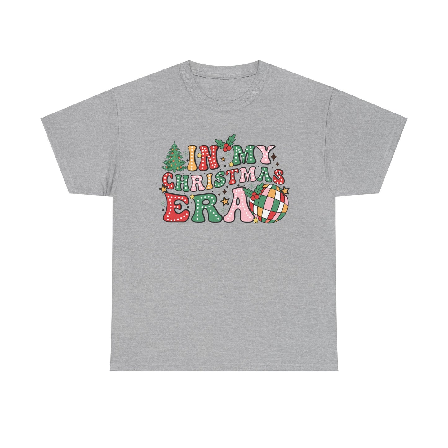 Gray t-shirt featuring "In My Christmas Era" design with festive letters and Christmas elements for the holiday season.