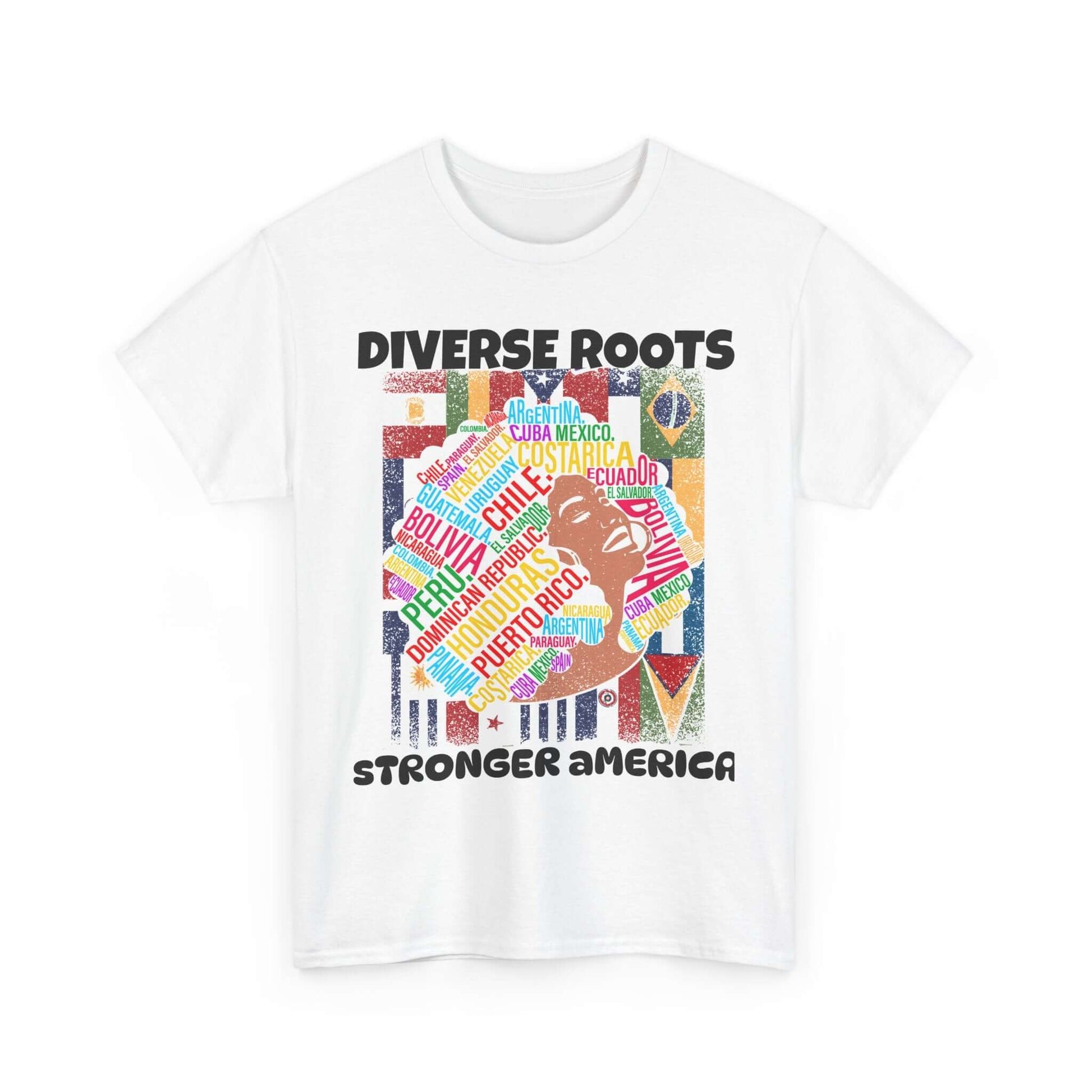 Unisex tee featuring "Diverse Roots Stronger America" design, supporting immigration and diversity advocacy. Ideal for casual wear.