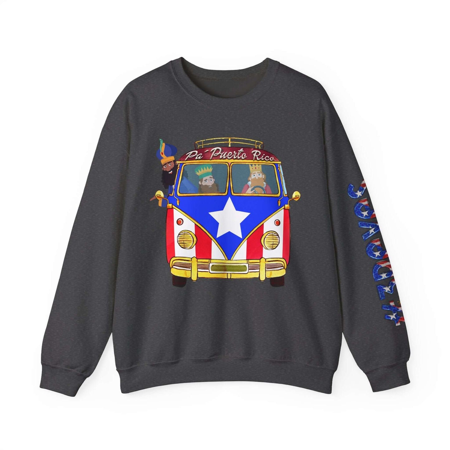 Christmas sweater with VW bus, Puerto Rico flag, "Pa Puerto Rico" text, festive print on left sleeve, black long sleeve.