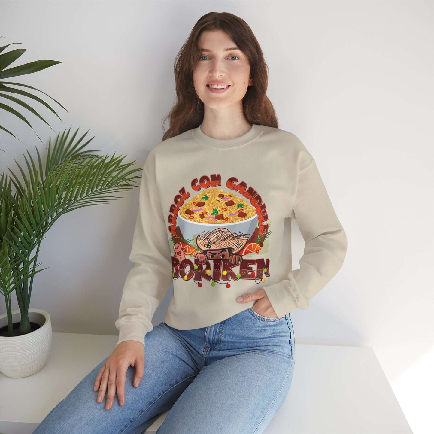 Arroz Con Gandules Christmas Sweater with festive Puerto Rican design featuring rice bowl and "BORIKÉN" text, worn by a smiling person.