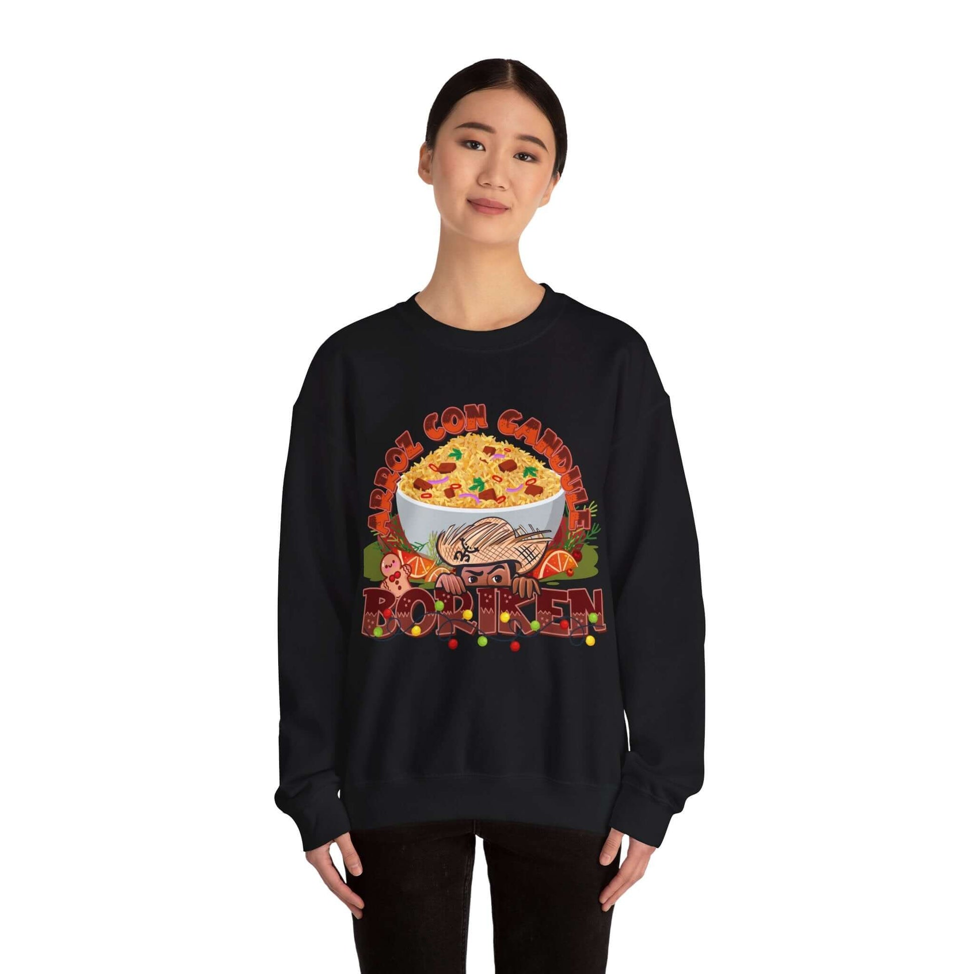 Woman wearing Arroz Con Gandules Christmas sweater with festive design and "BORIKÉN" text, celebrating Puerto Rican holiday spirit.