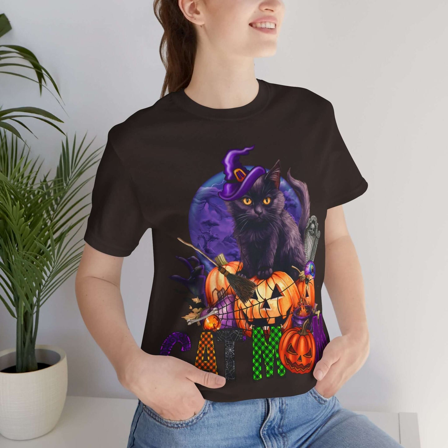 Cat Mom Women's T-shirt - Adorable Baby Black Cat, Pumpkins and Purple Moon, - Unique Halloween Outfits, Festive Parties, and Feline Fun.