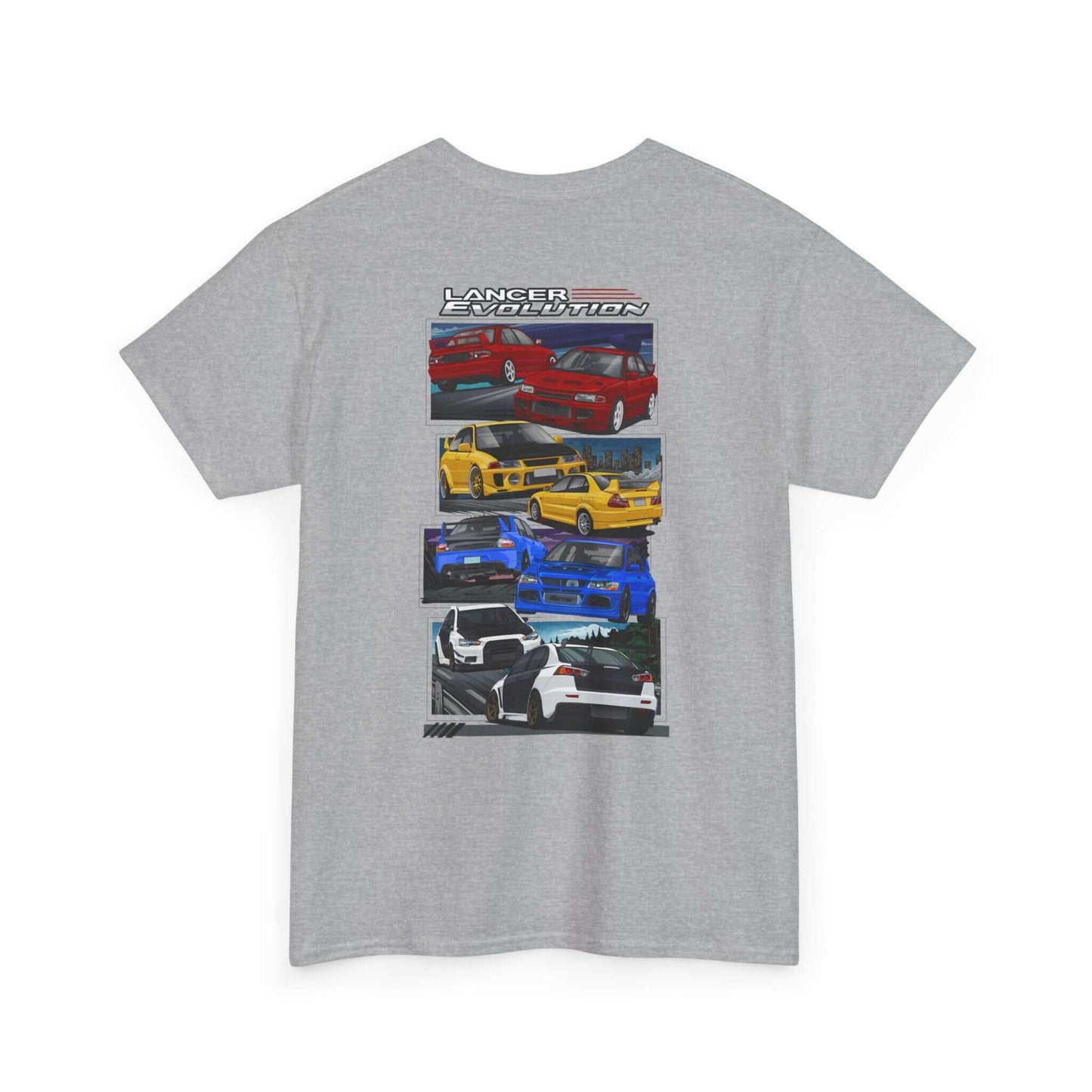 JDM-Inspired Evolution Car Tee, Red Yellow Blue White Enthusiast Shirt