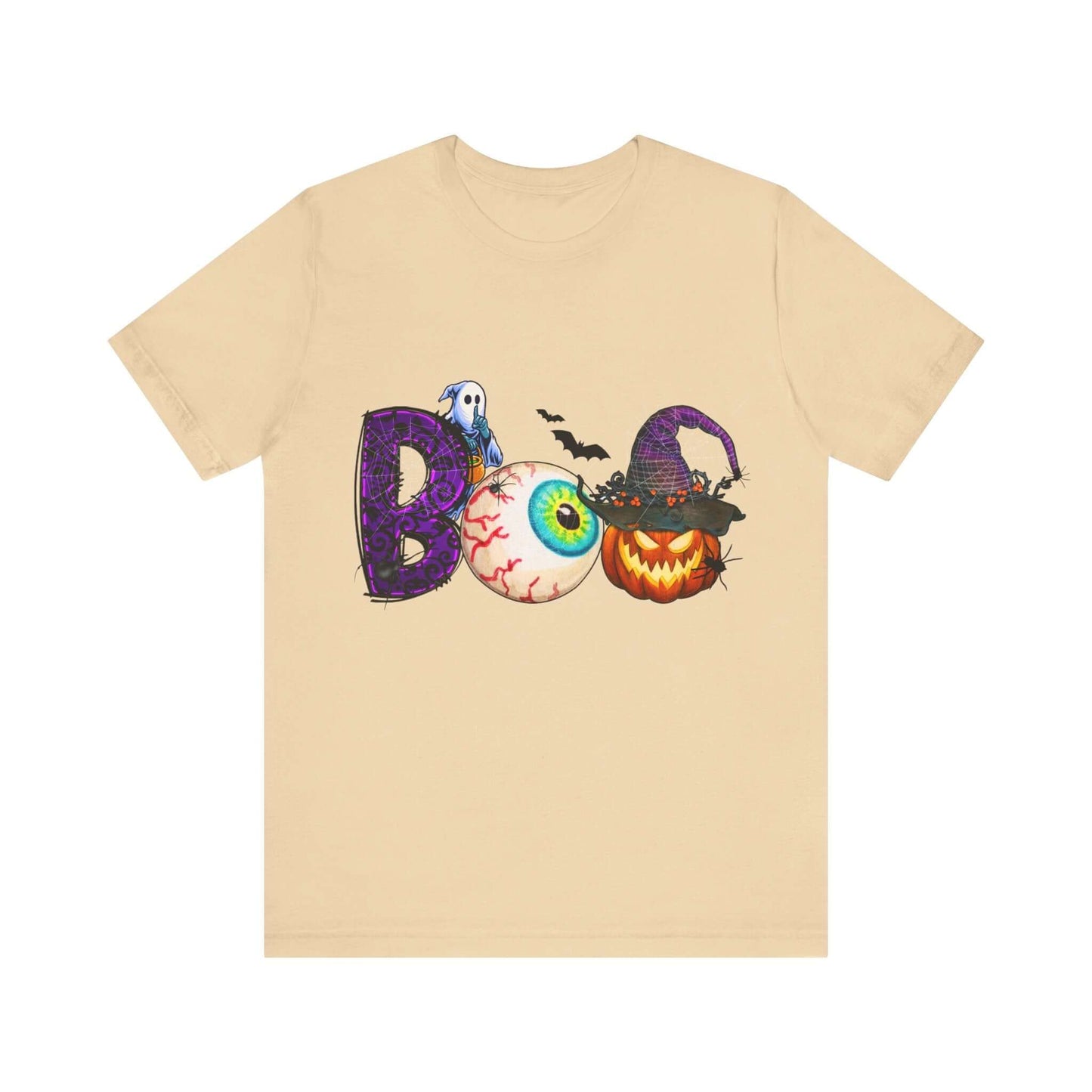 Halloween 'Boo' Women's T-shirt, Spooky Eyeball and Pumpkin Design, Cartoon Scary Tee for Unique Halloween Outfits and Fun Trick-or-Treating