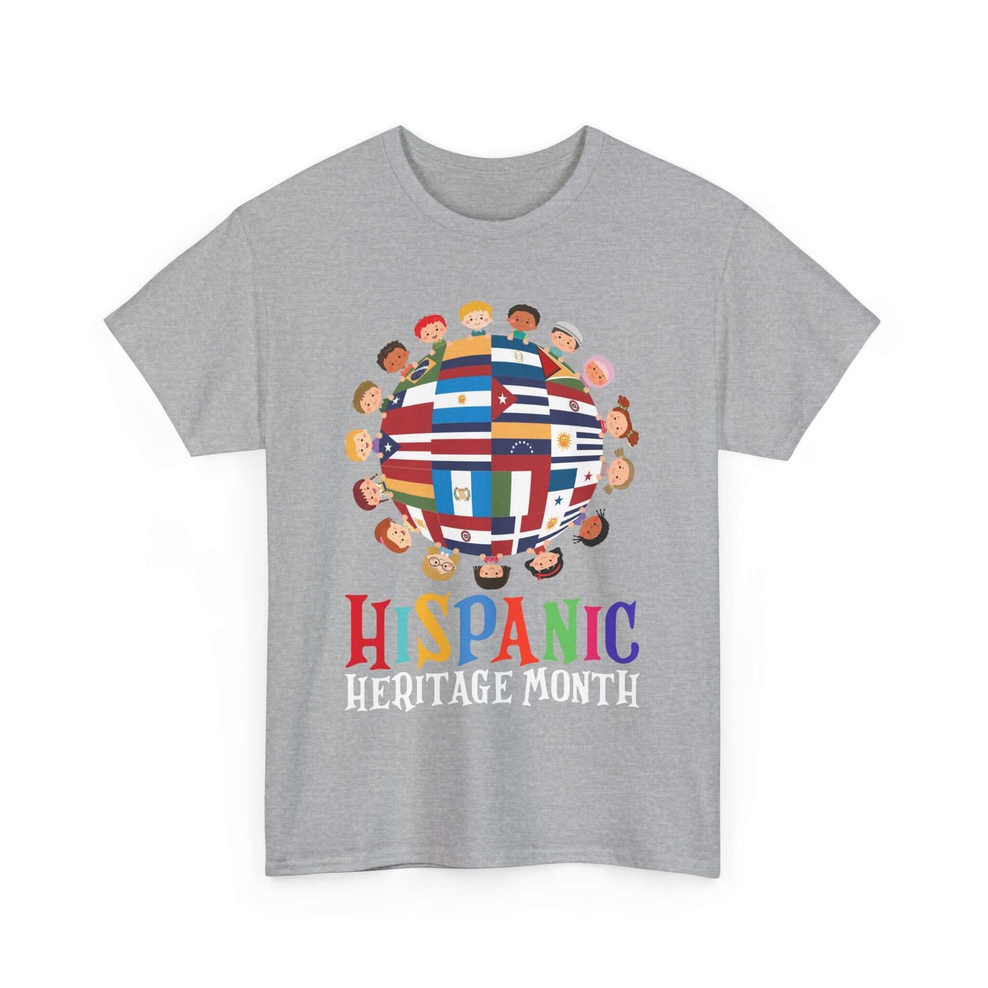 Kids' T-shirt showcasing Hispanic Heritage Month design with flags, globe, and diverse faces celebrating culture and unity.