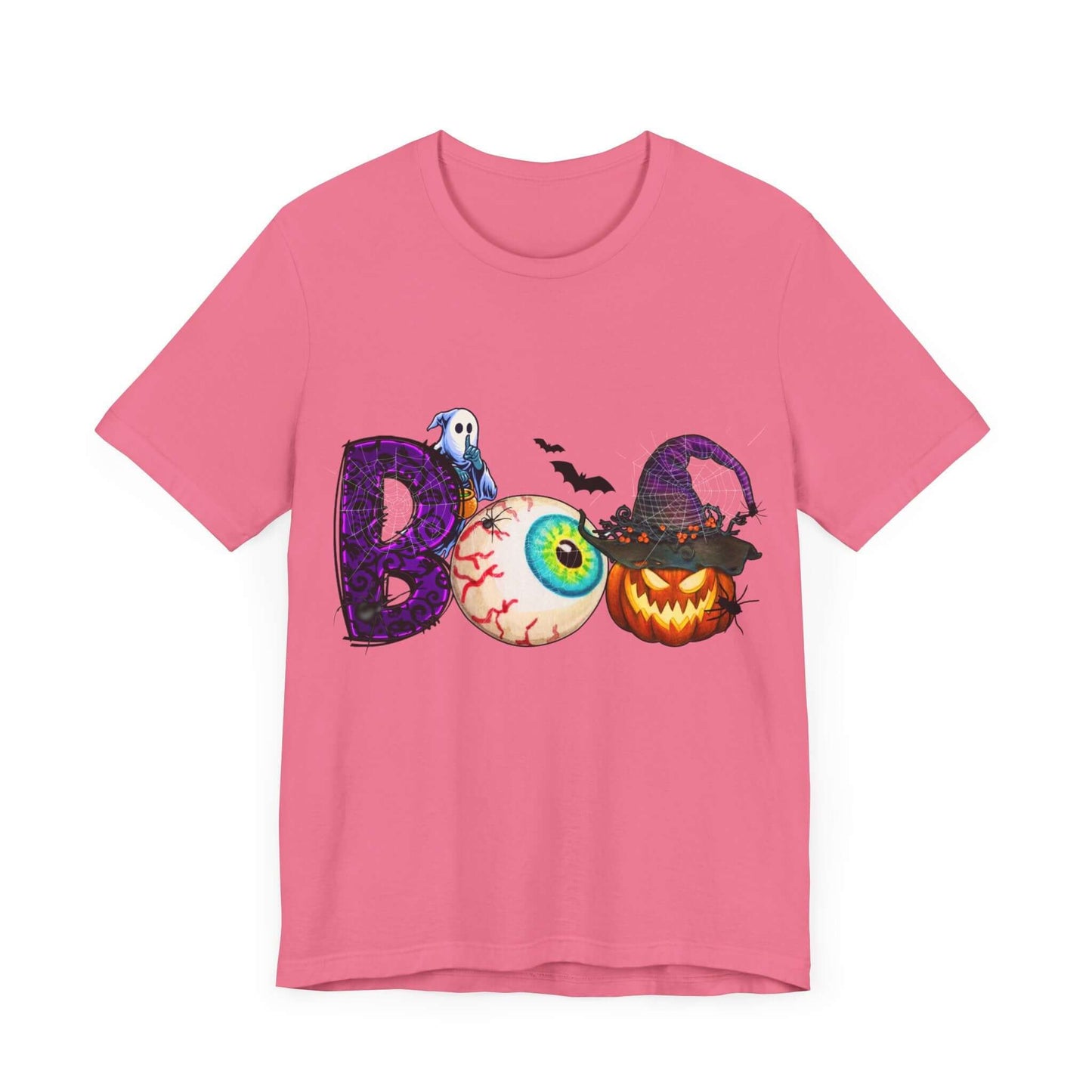 Halloween 'Boo' Women's T-shirt, Spooky Eyeball and Pumpkin Design, Cartoon Scary Tee for Unique Halloween Outfits and Fun Trick-or-Treating