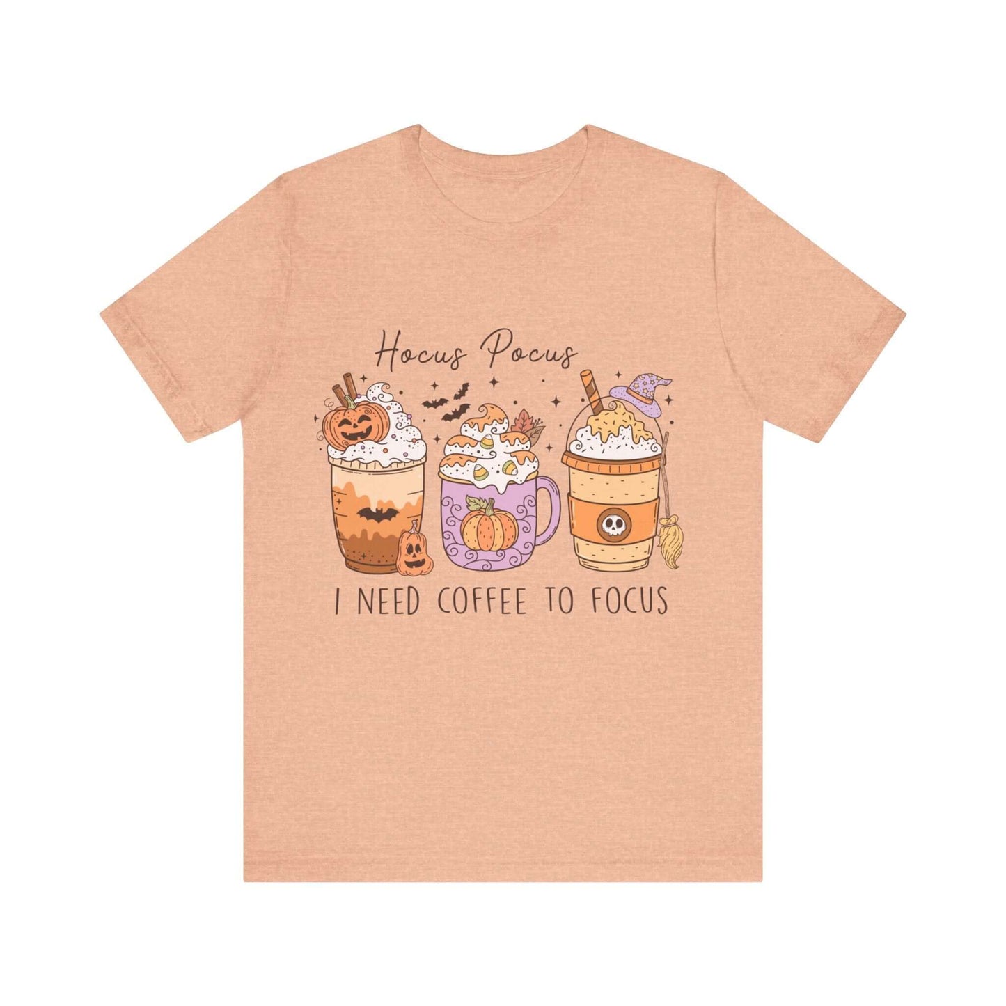 Halloween Coffee Lover's T-shirt, Hocus Pocus I Need Coffee to Focus, Women's Spooky Shirt for Brew-Witching Mornings and Halloween Parties.