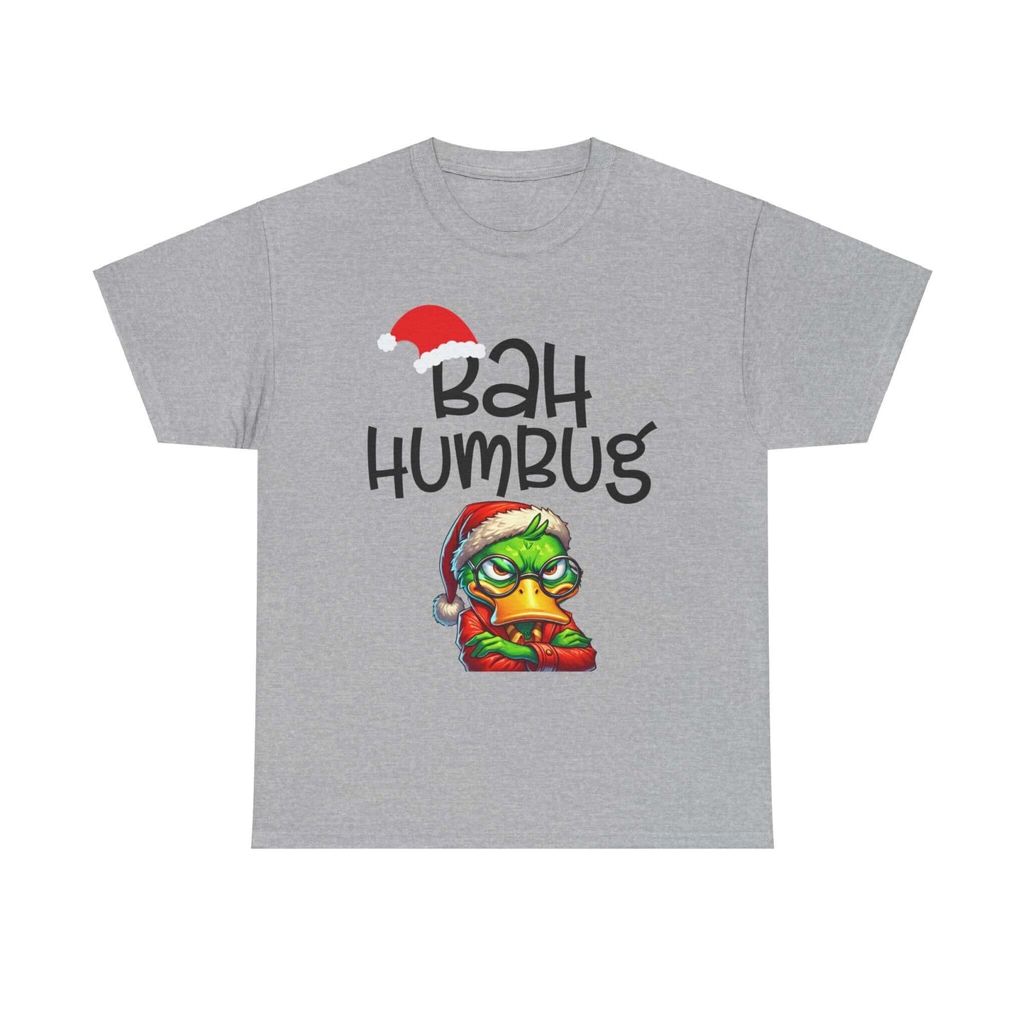 Unisex gray tee with playful "Bah Humbug" graphic and festive Santa hat design, perfect for Christmas humor.