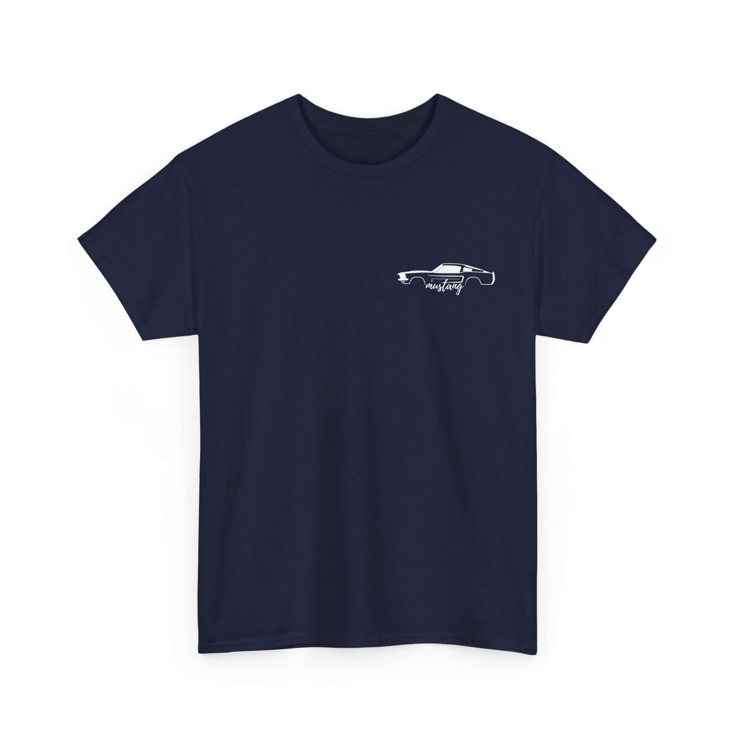 Ford Mustang Evolution Tee with 1967 Front Upper Chest Print Design, showcasing year-by-year specs from 1964 to 2015