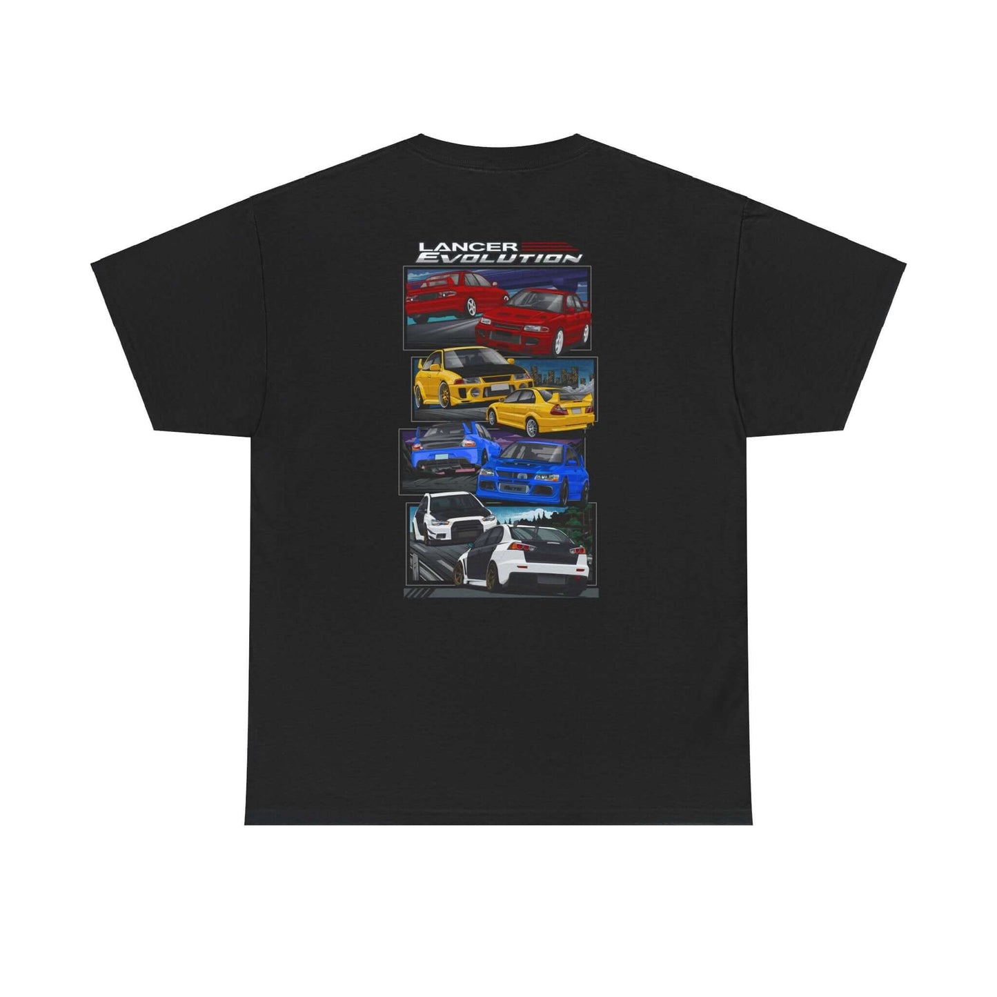 JDM-Inspired Evolution Car Tee, Red Yellow Blue White Enthusiast Shirt