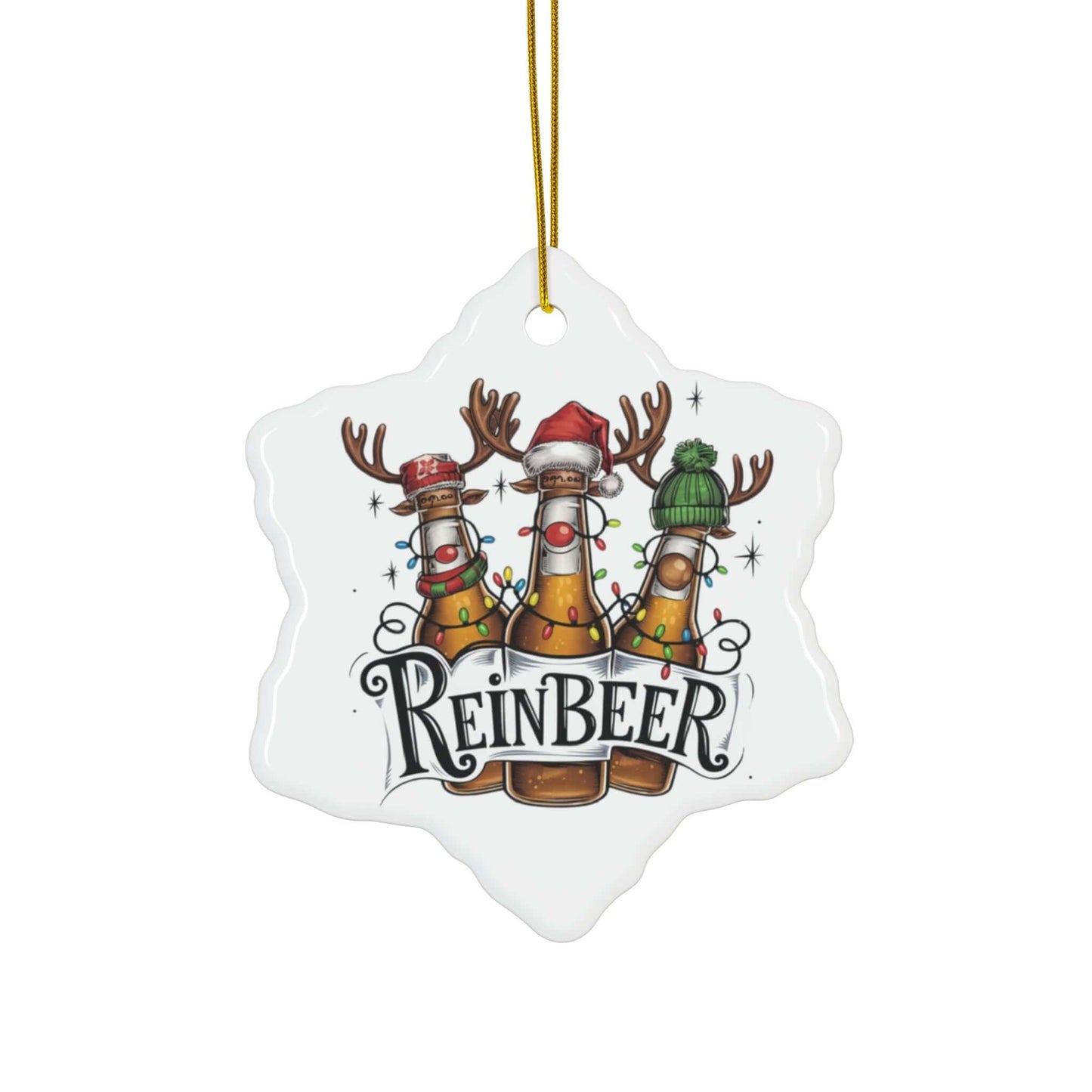 Reinbeer ceramic ornament featuring playful bottles with reindeer antlers and festive hats, perfect for holiday decor.