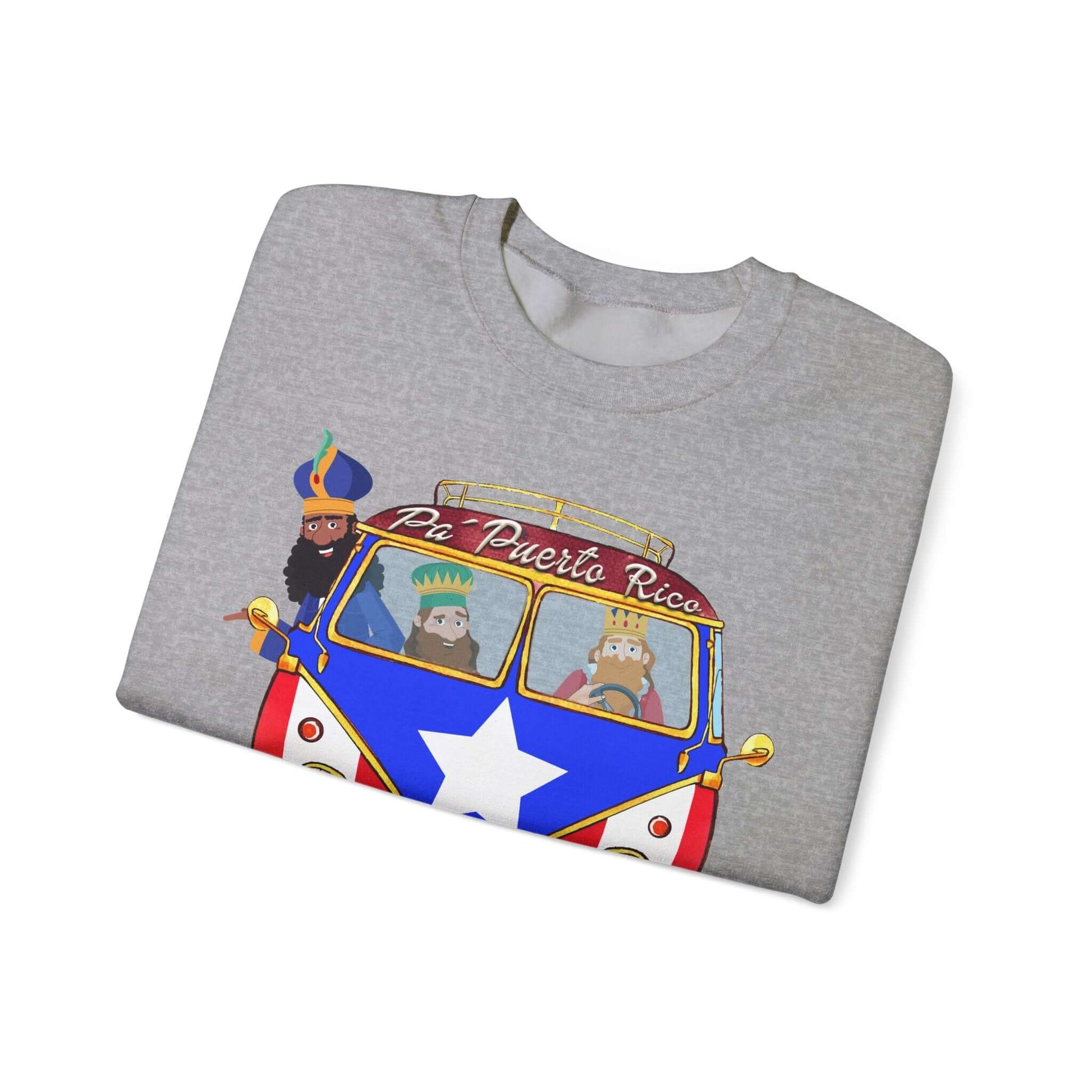 Christmas sweater with festive print, featuring Three Kings in VW bus with Puerto Rico flag, text "Pa Puerto Rico" on front.