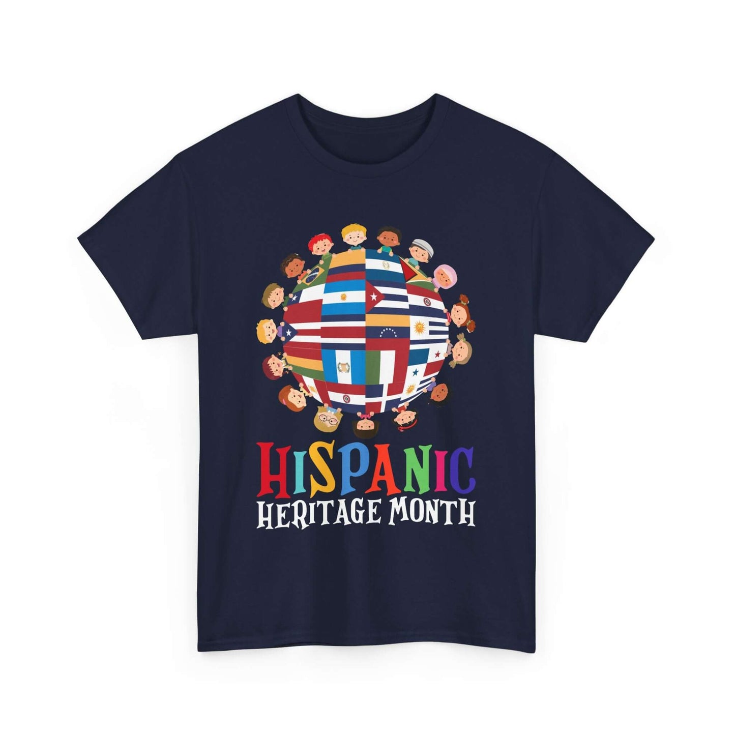 Kids' T-shirt featuring globe design with Hispanic flags, celebrating Hispanic Heritage Month in vibrant colors.