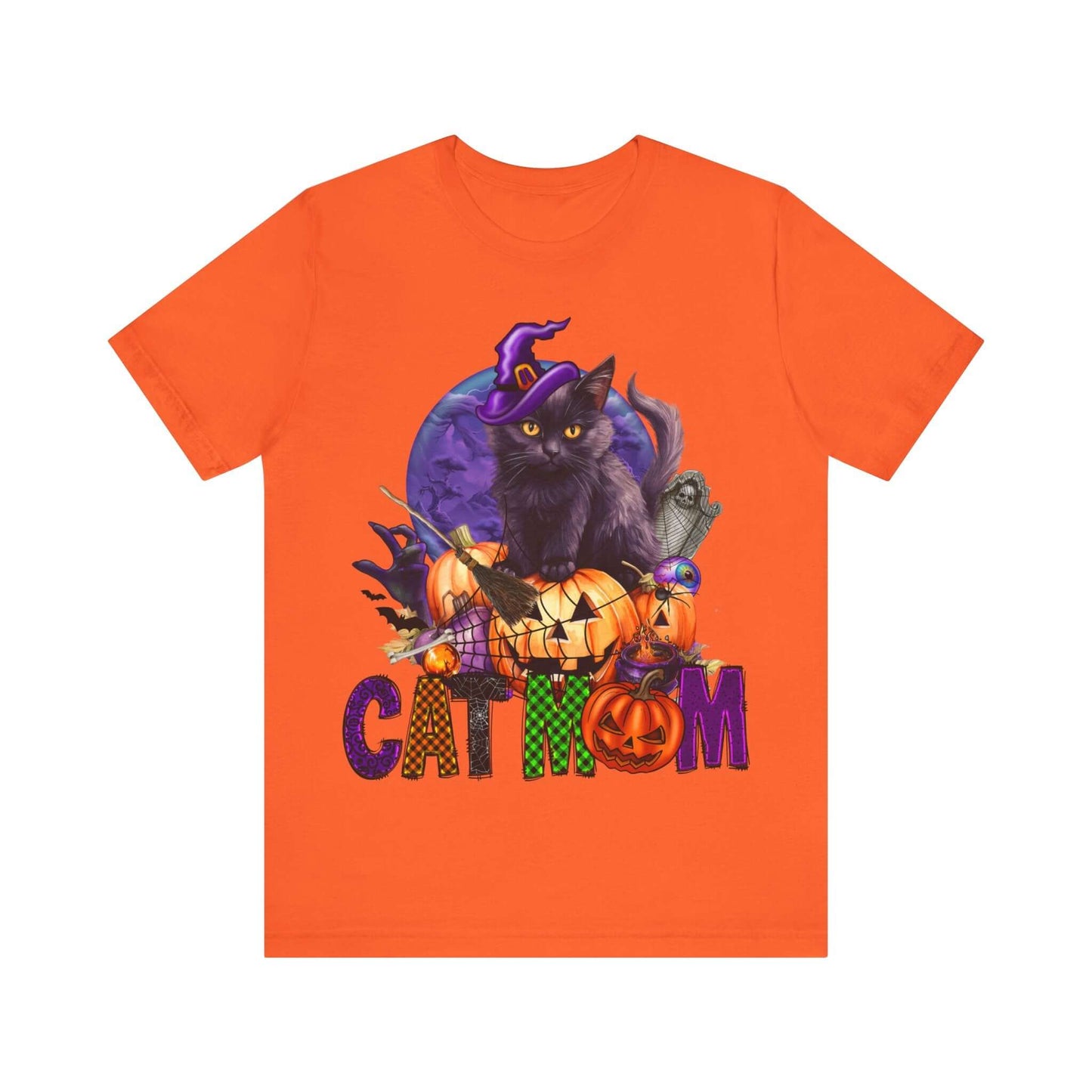 Cat Mom Women's T-shirt - Adorable Baby Black Cat, Pumpkins and Purple Moon, - Unique Halloween Outfits, Festive Parties, and Feline Fun.