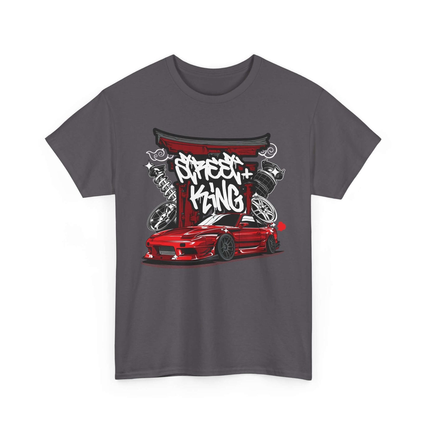 Urban Racing Art T-Shirt featuring a stylized red sports car and graffiti design at a Japanese Torii Gate.