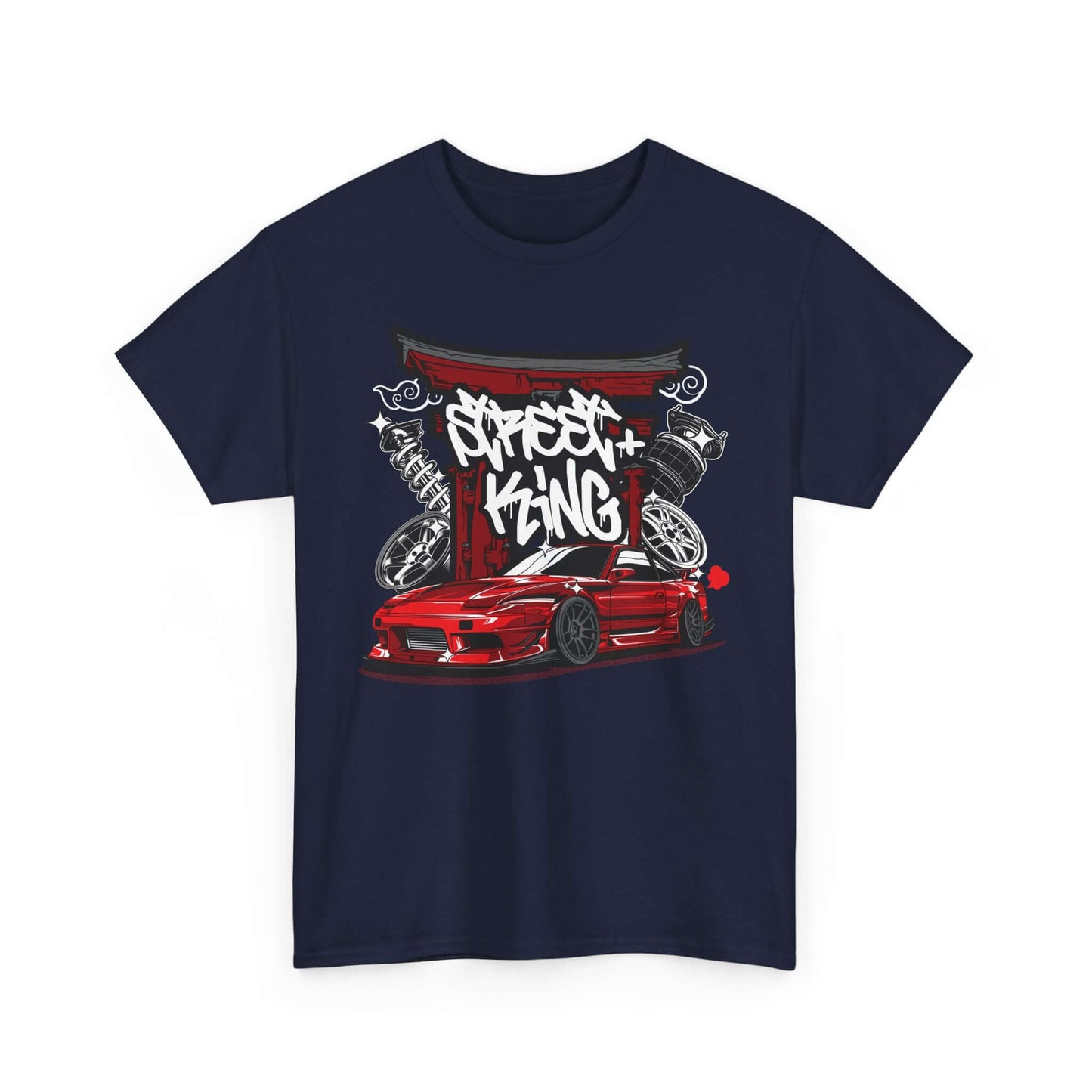 Urban racing art T-shirt featuring a stylized red sports car and graffiti at a Japanese Torii gate, perfect for streetwear fans.