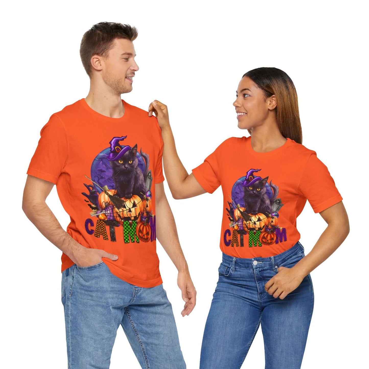 Cat Mom Women's T-shirt - Adorable Baby Black Cat, Pumpkins and Purple Moon, - Unique Halloween Outfits, Festive Parties, and Feline Fun.