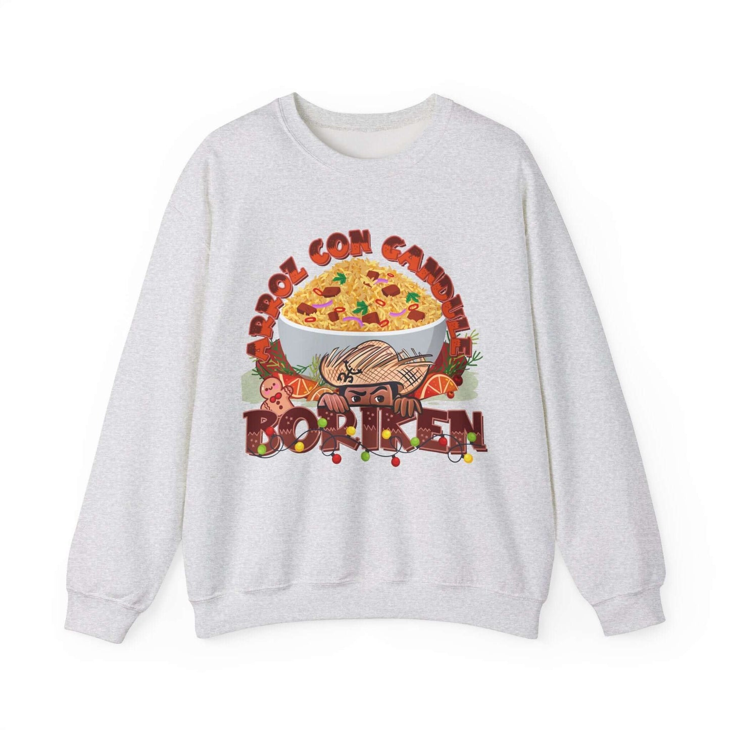 Arroz Con Gandules Christmas sweater with festive graphic of a rice bowl and holiday elements, featuring text "ARROZ CON GANDULES" and "BORIKÉN".