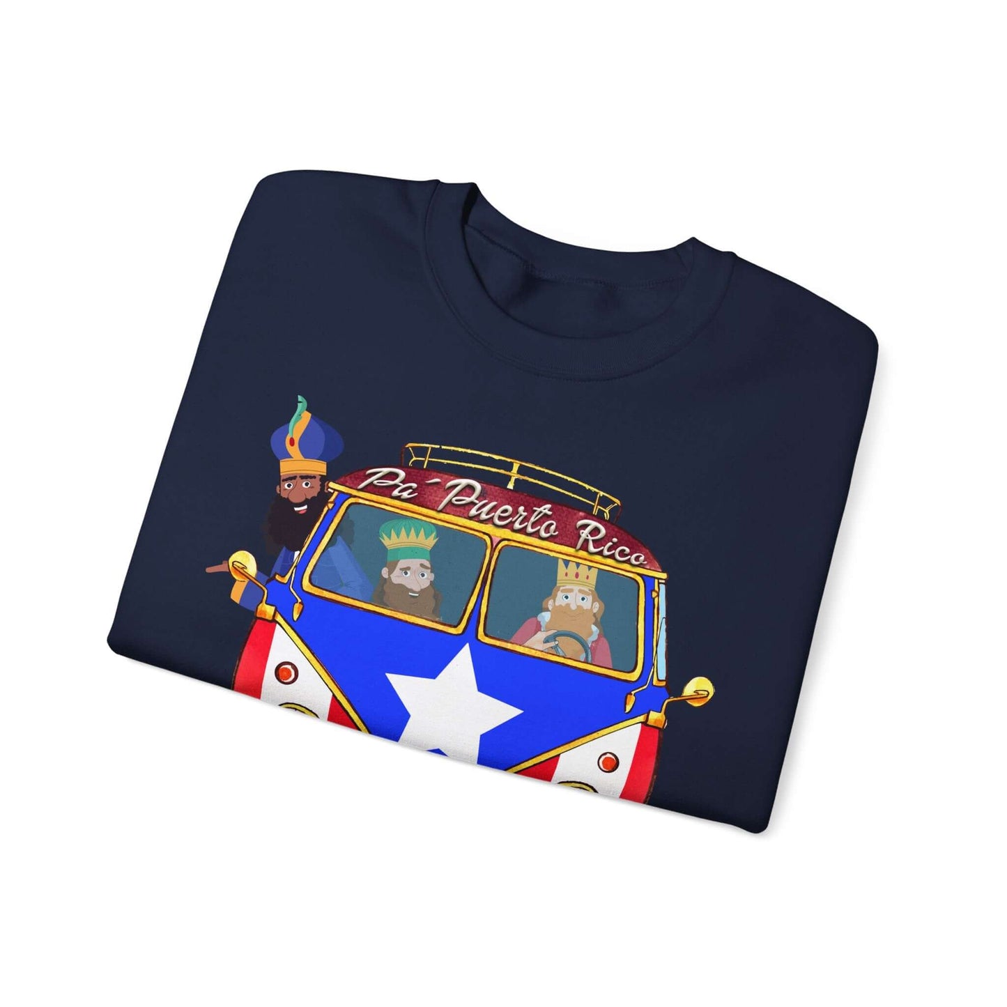 Black Christmas sweater featuring Three Kings in a VW bus with Puerto Rico flag and "Pa Puerto Rico" text. Festive holiday design.