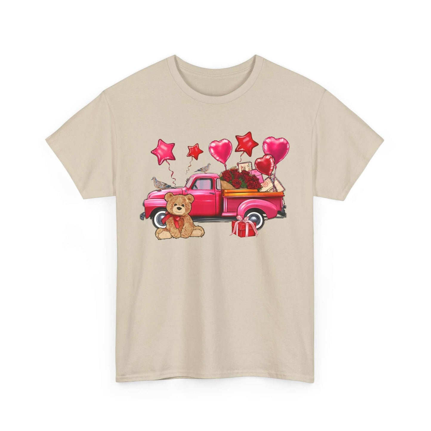 Unisex Valentine's Day tee with vintage truck, roses, and teddy bear design, perfect love gift for adults, classic fit, beige color.