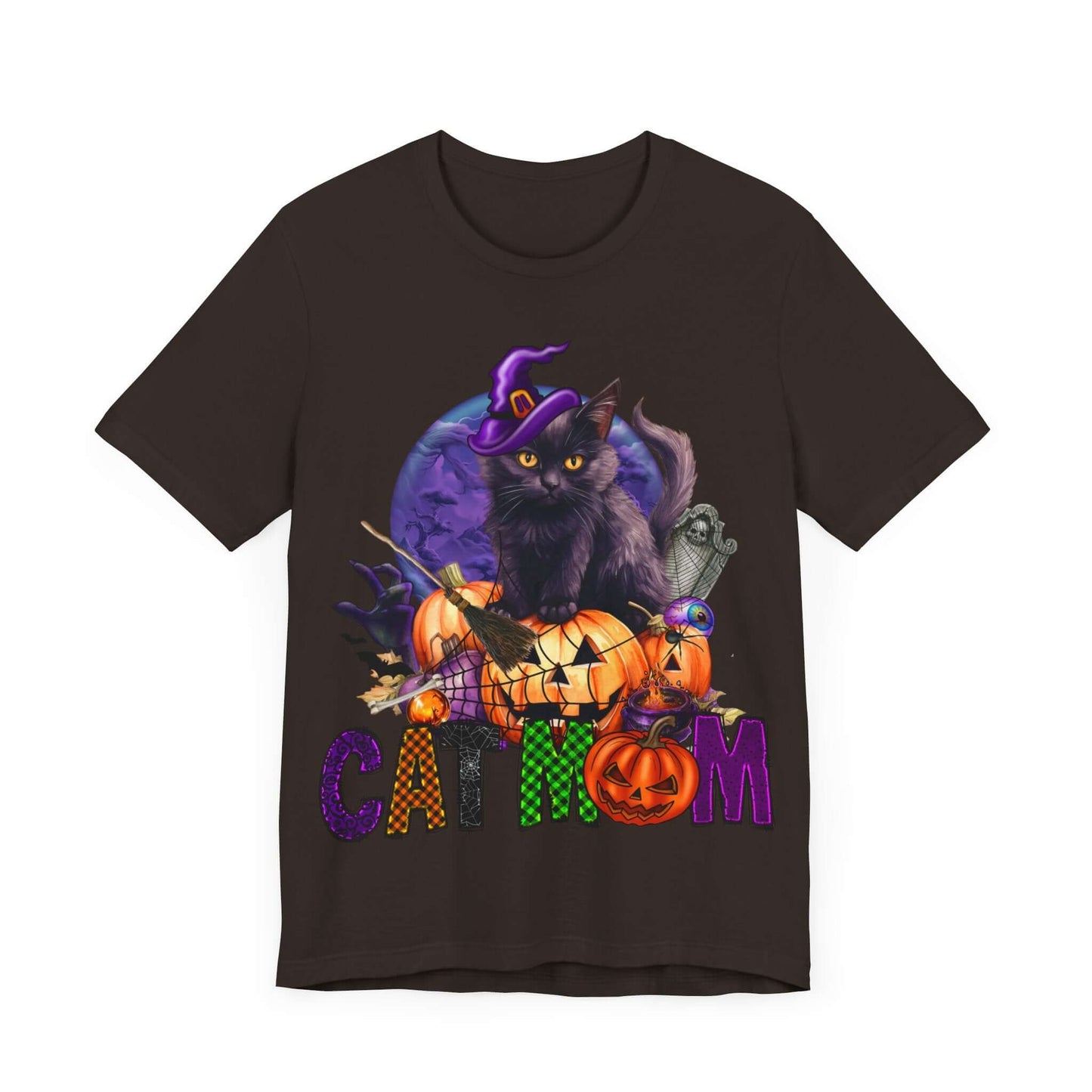 Cat Mom Women's T-shirt - Adorable Baby Black Cat, Pumpkins and Purple Moon, - Unique Halloween Outfits, Festive Parties, and Feline Fun.