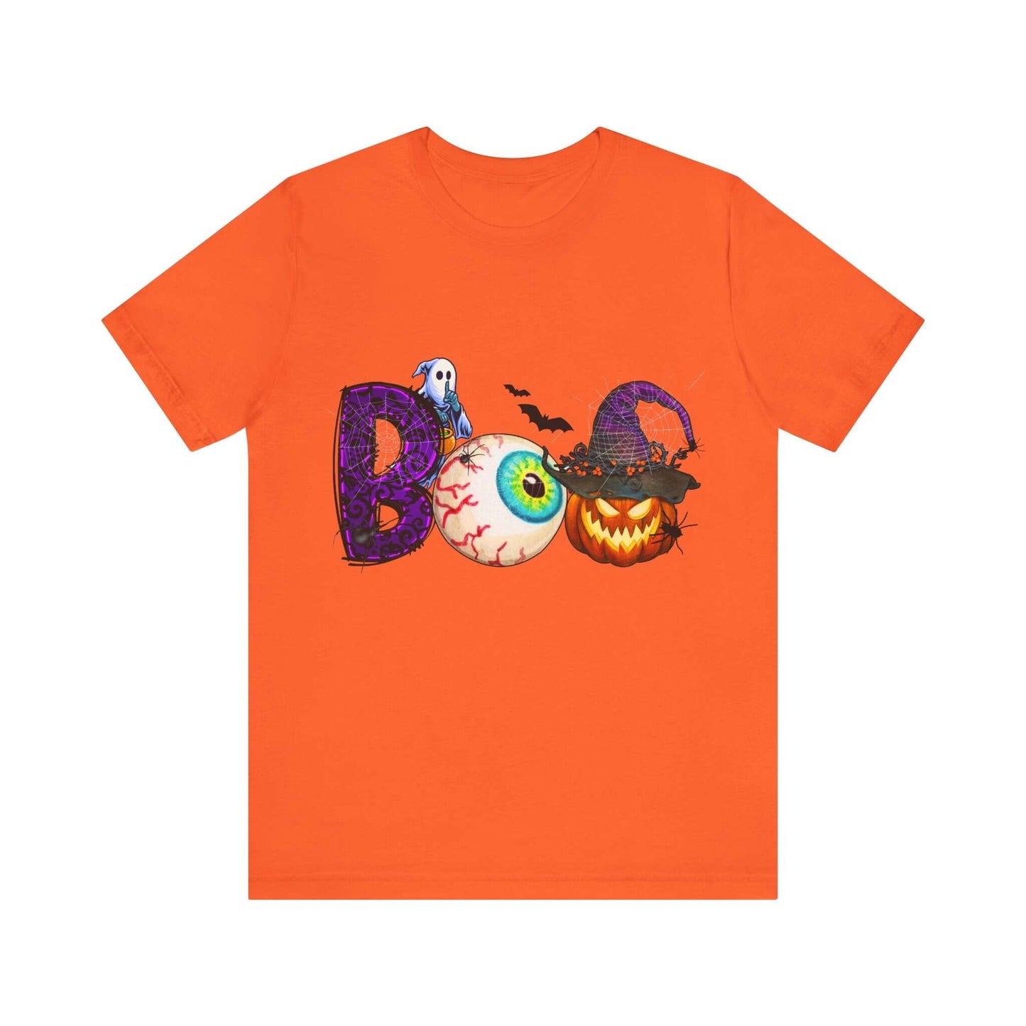 Halloween 'Boo' Women's T-shirt, Spooky Eyeball and Pumpkin Design, Cartoon Scary Tee for Unique Halloween Outfits and Fun Trick-or-Treating