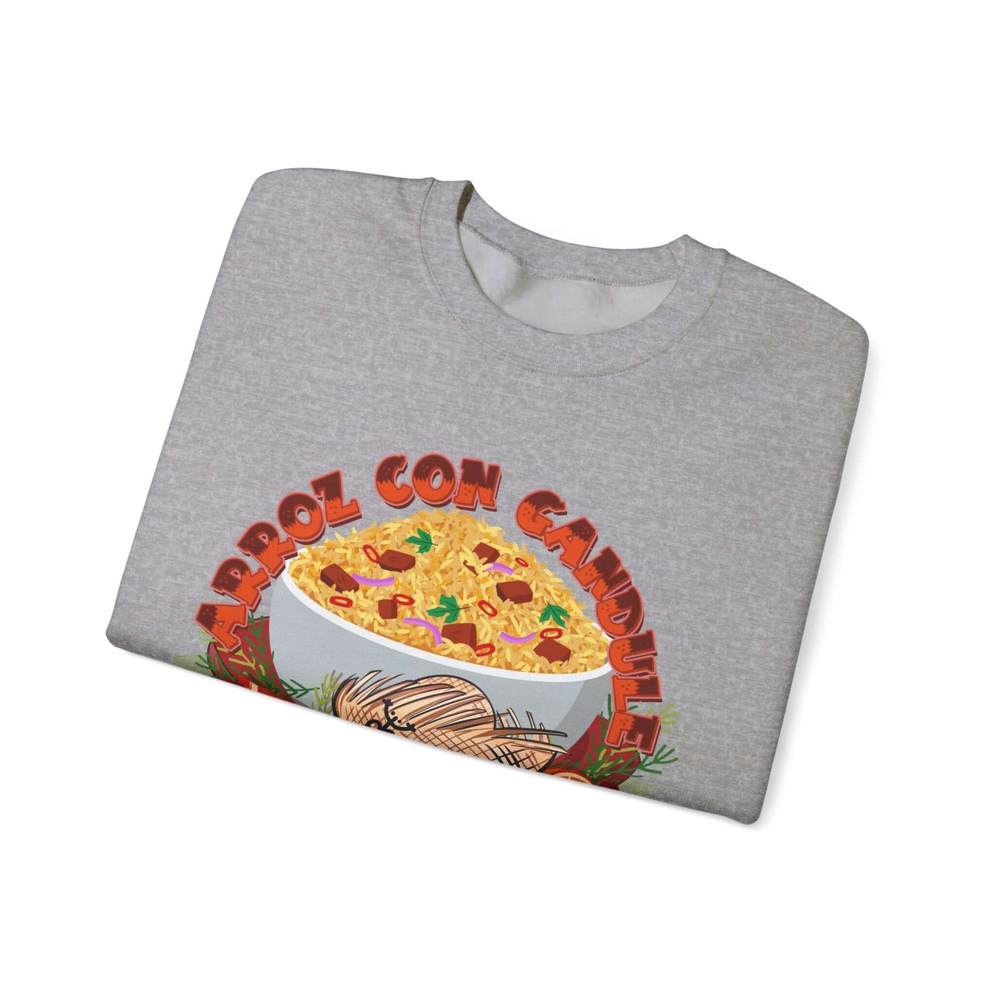 Arroz Con Gandules Christmas sweater with vibrant bowl design and festive text on a gray background.