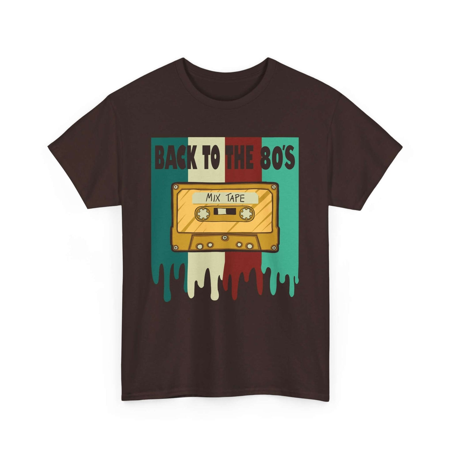 Retro Mixtape Tee with vintage cassette design and "Back to the 80's" slogan on black T-shirt for music lovers and 80's fans.