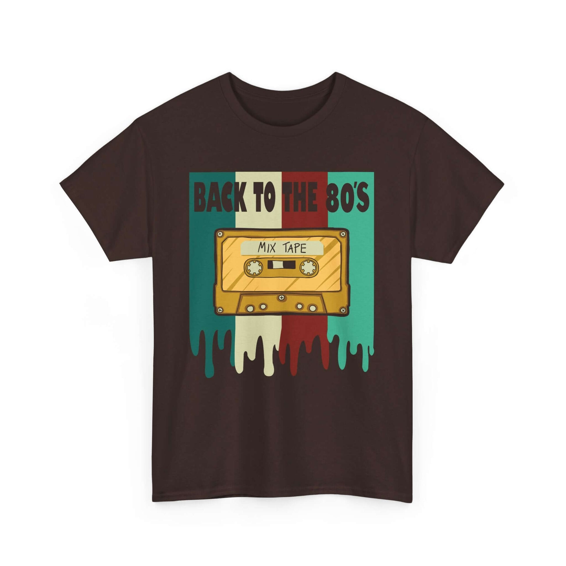 Retro Mixtape Tee with vintage cassette design and "Back to the 80's" slogan on black T-shirt for music lovers and 80's fans.