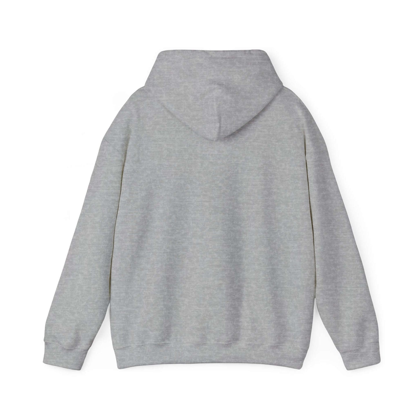 Gray hooded sweatshirt back view, perfect for casual outings and car events, featuring a roomy fit and adjustable hood.