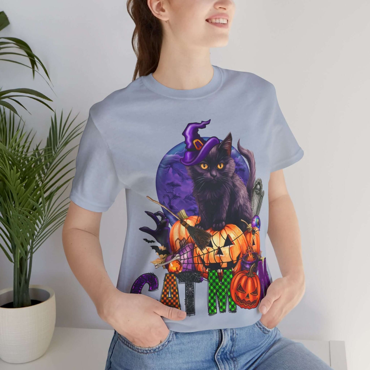 Cat Mom Women's T-shirt - Adorable Baby Black Cat, Pumpkins and Purple Moon, - Unique Halloween Outfits, Festive Parties, and Feline Fun.