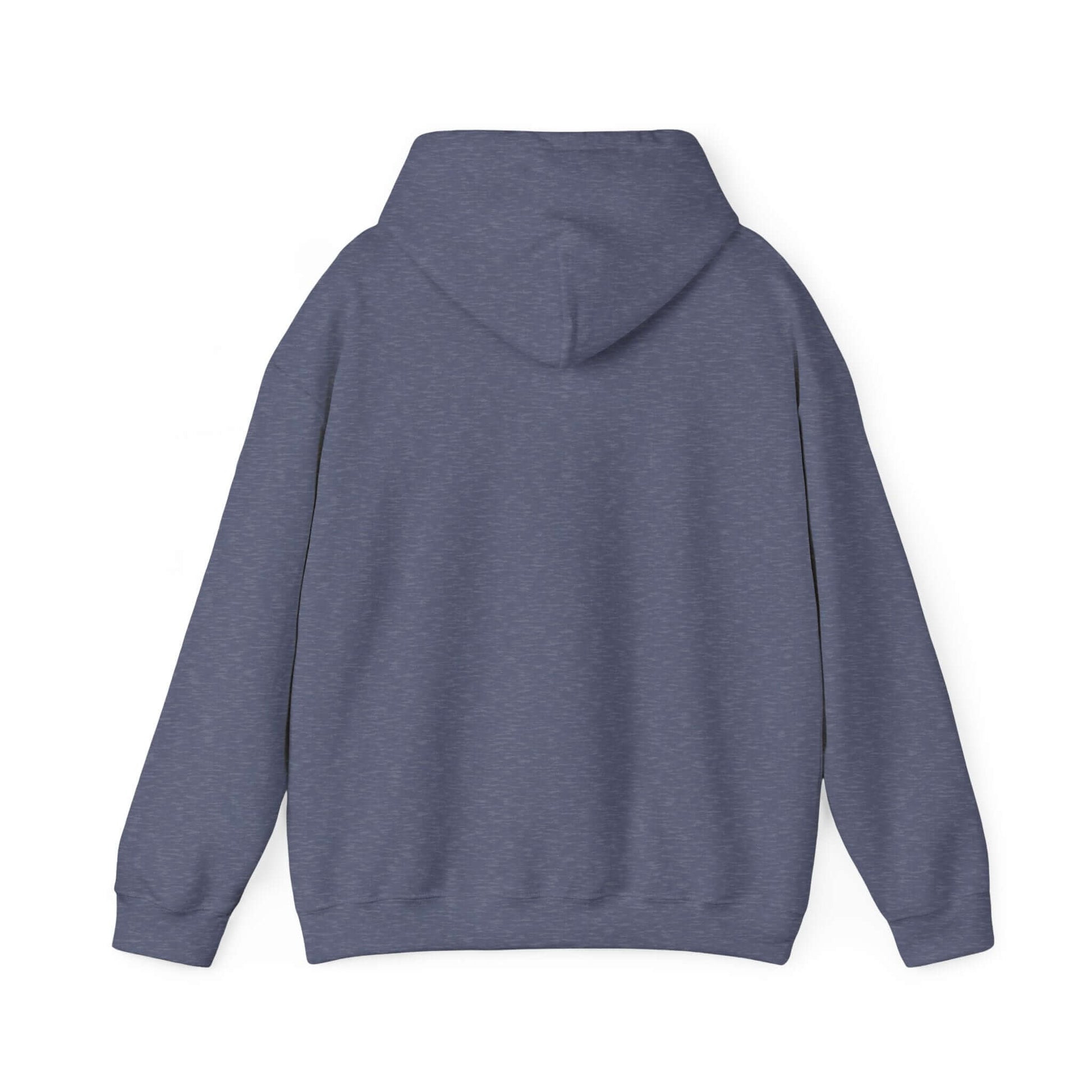 Back view of a blue hooded sweatshirt with a classic fit and comfortable design