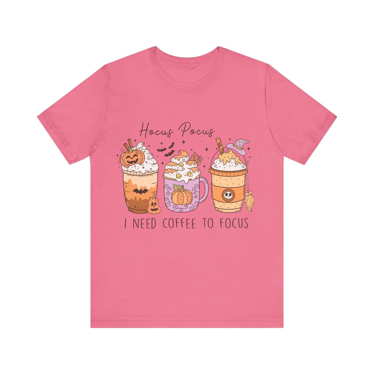 Halloween Coffee Lover's T-shirt, Hocus Pocus I Need Coffee to Focus, Women's Spooky Shirt for Brew-Witching Mornings and Halloween Parties.