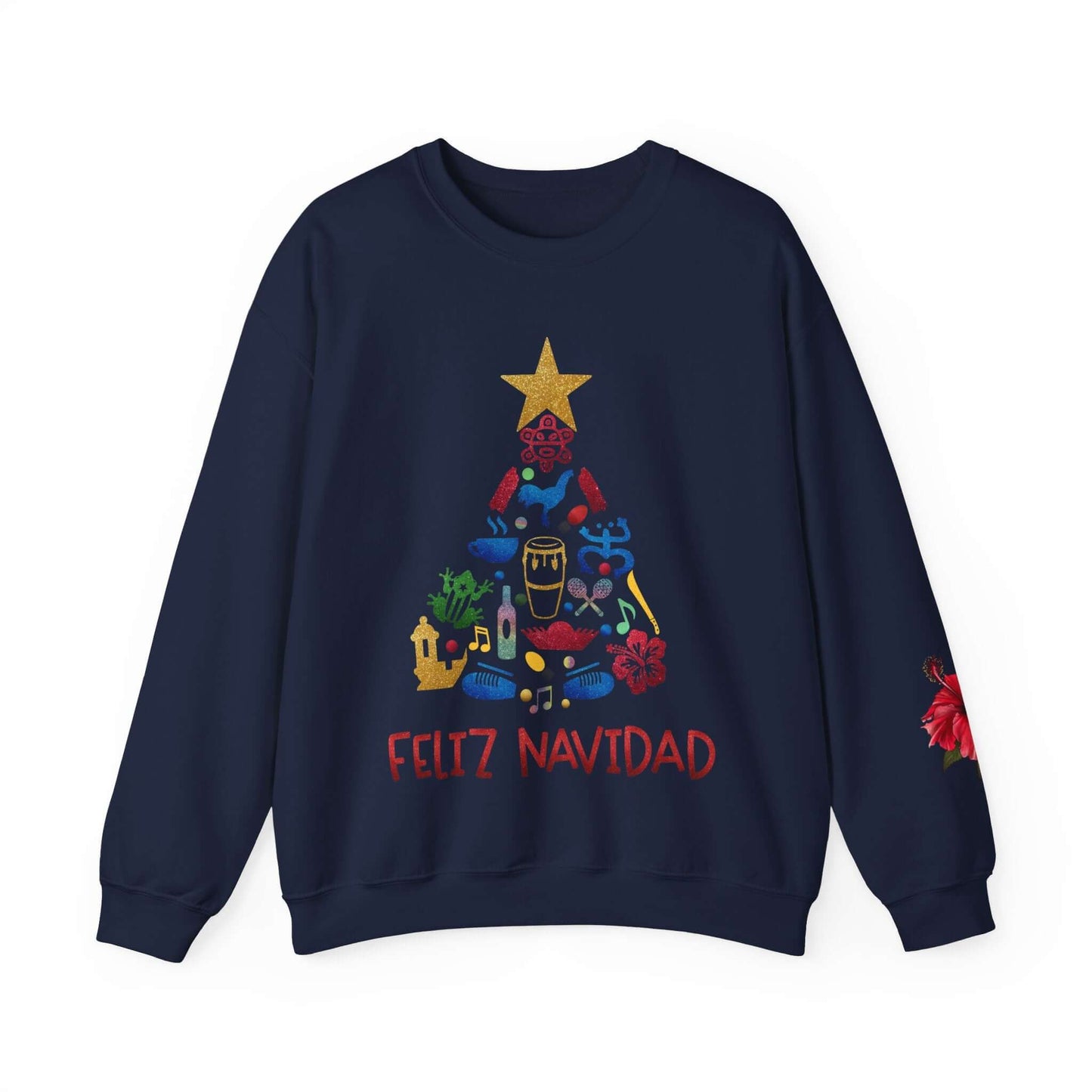 Feliz Navidad Puerto Rico Festive Print on left Long Sleeve Christmas T-Shirt with Unique Colorful Tree Design