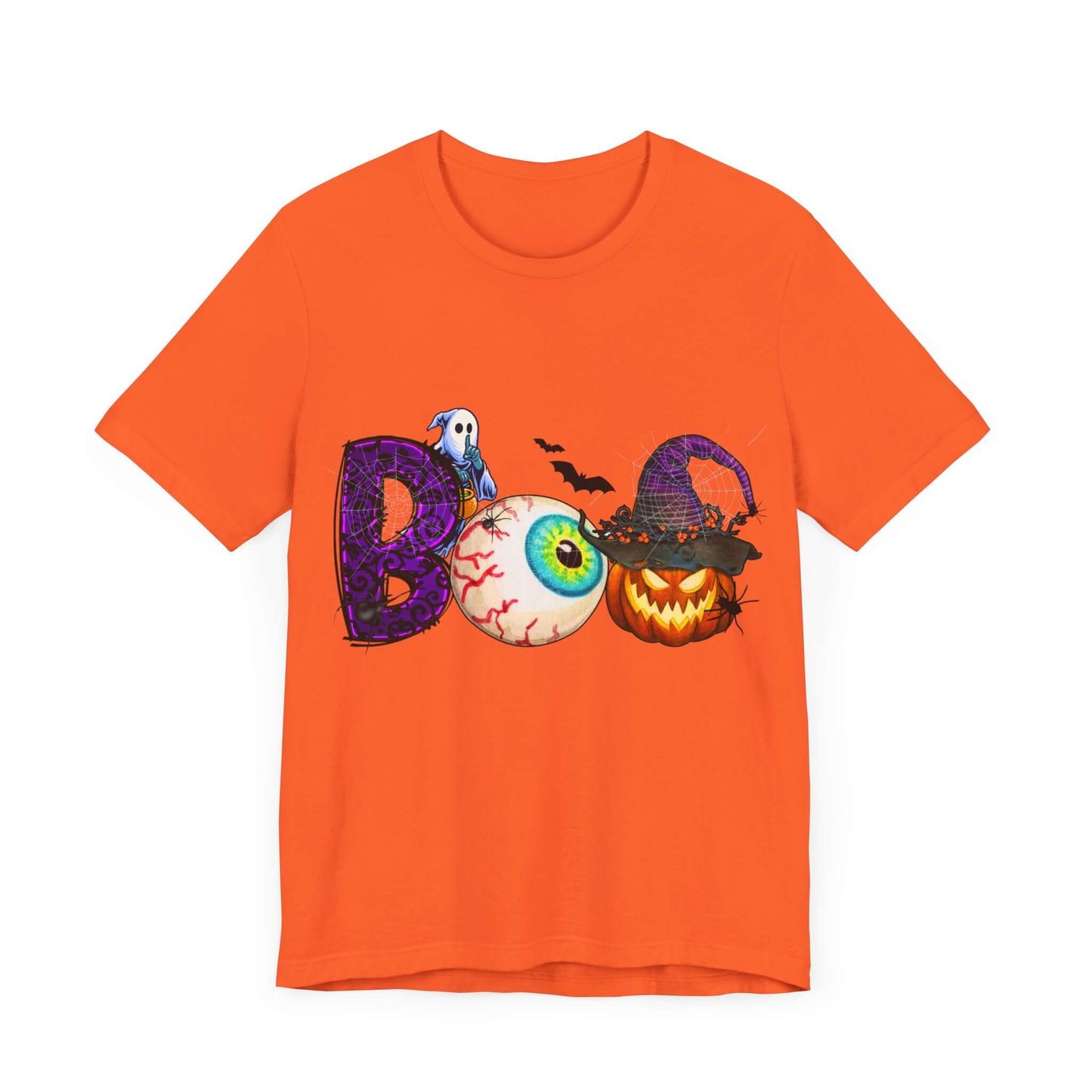 Halloween 'Boo' Women's T-shirt, Spooky Eyeball and Pumpkin Design, Cartoon Scary Tee for Unique Halloween Outfits and Fun Trick-or-Treating