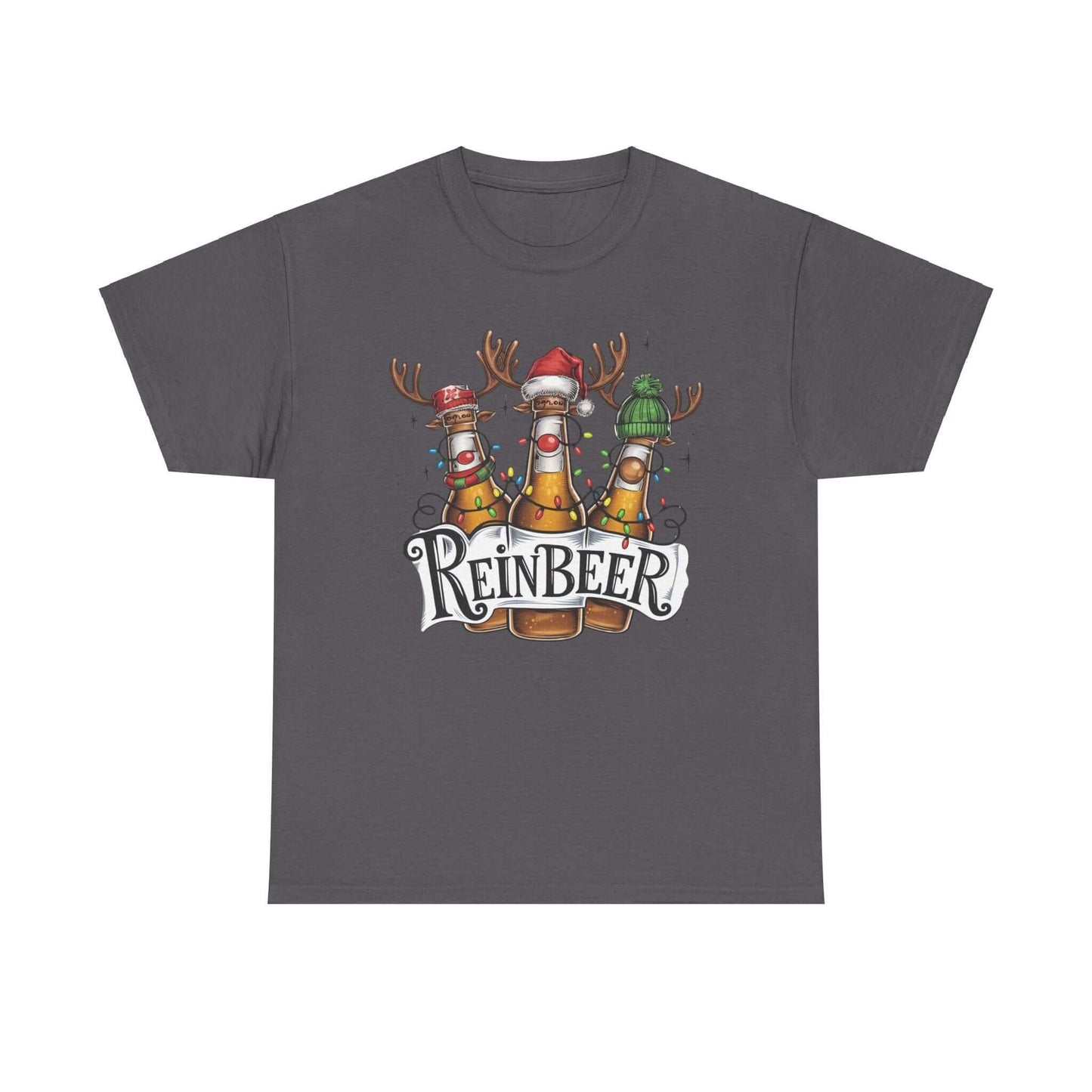 Festive Reinbeer t-shirt featuring beer bottles with reindeer antlers, hats, and Christmas lights design for holiday celebrations.