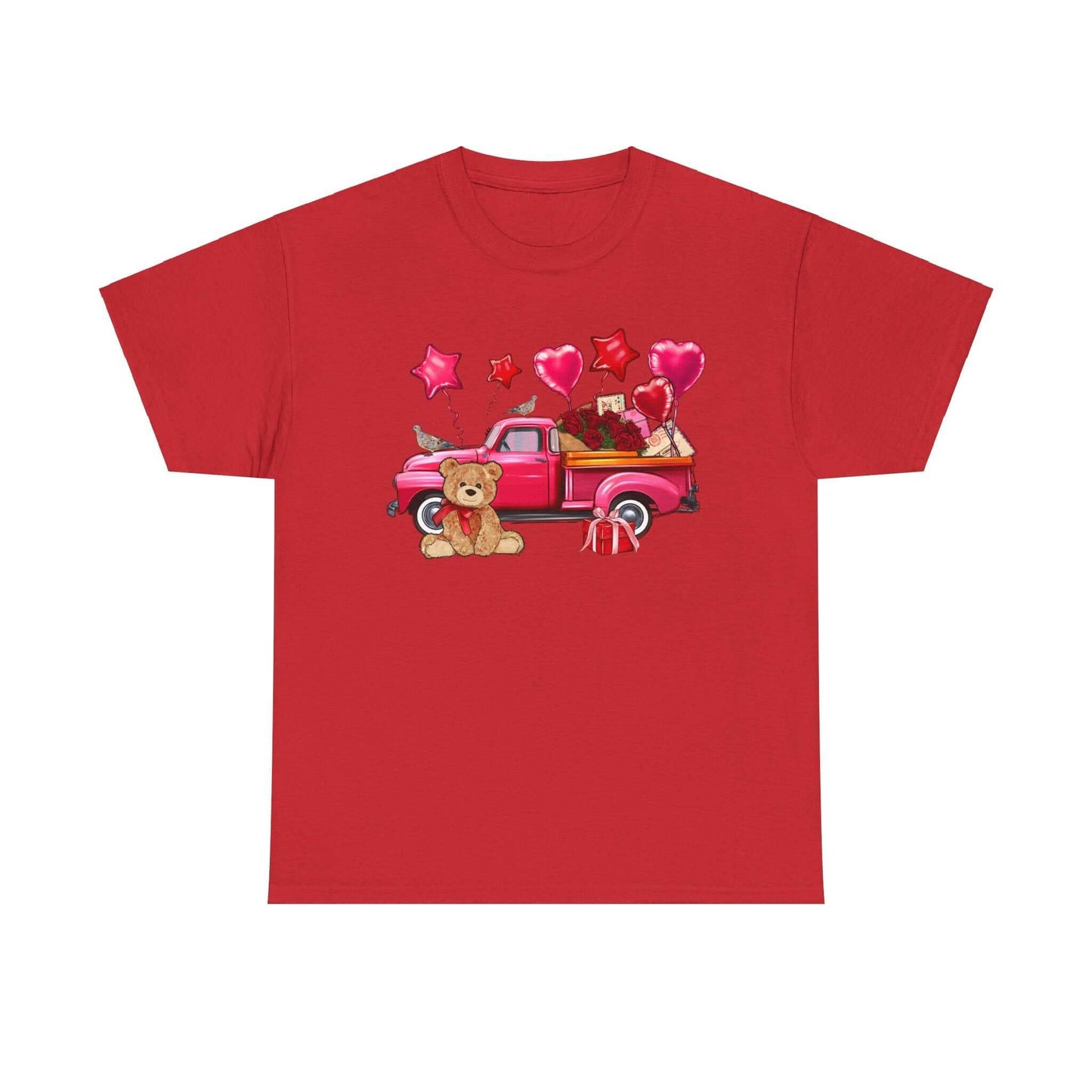 Red unisex Valentine's Day tee with vintage truck, roses, teddy bear design; perfect love gift. High-quality cotton, classic fit.